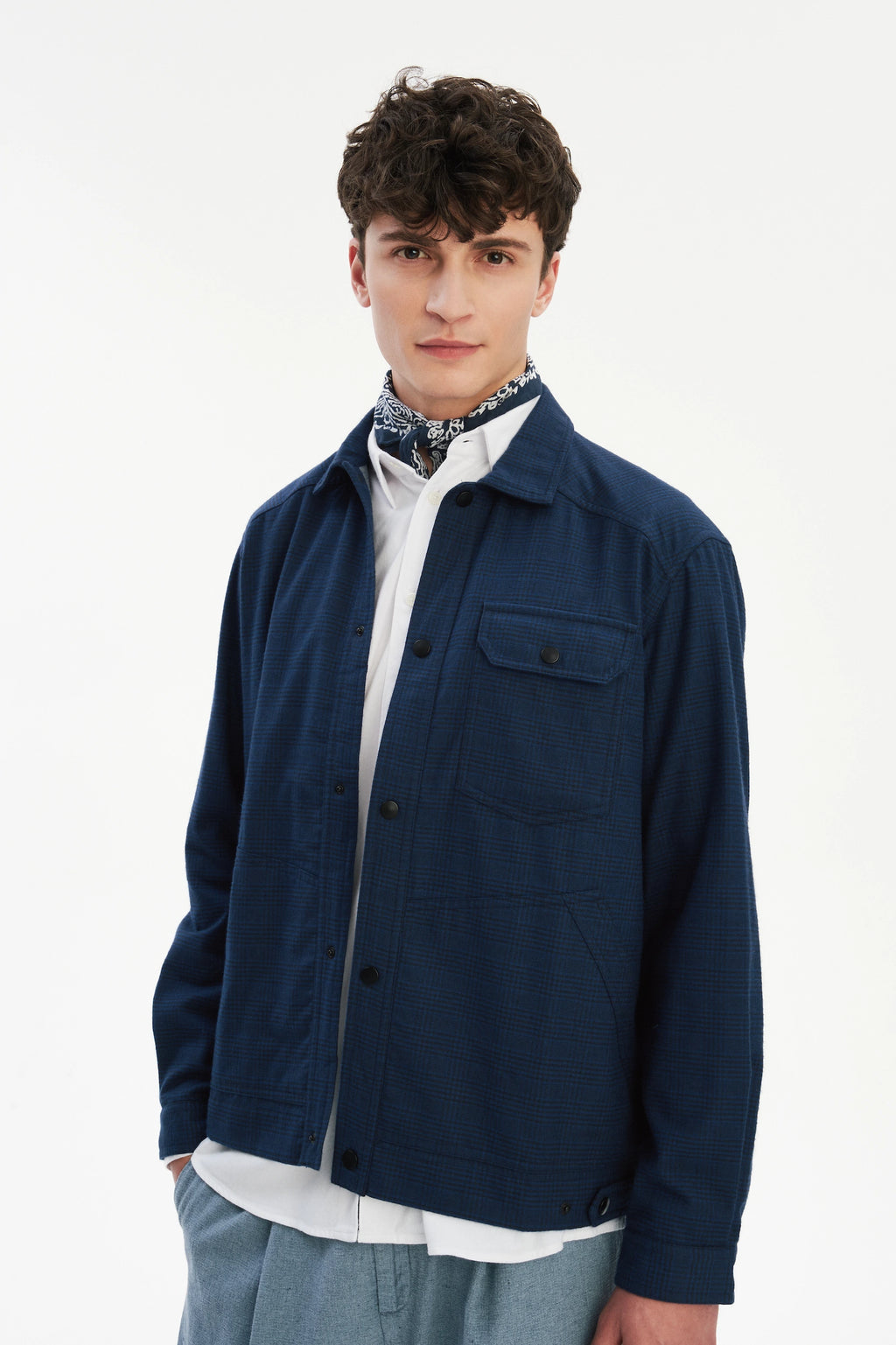 French Workwear Jacket in a Tonal Prussian Blue and Black Chequered Italian Cotton Flannel