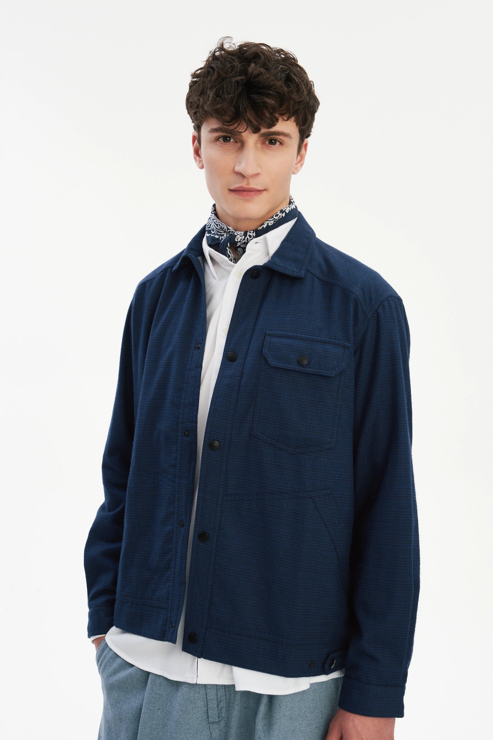 French Workwear Jacket in a Tonal Prussian Blue and Black Chequered Italian Cotton Flannel