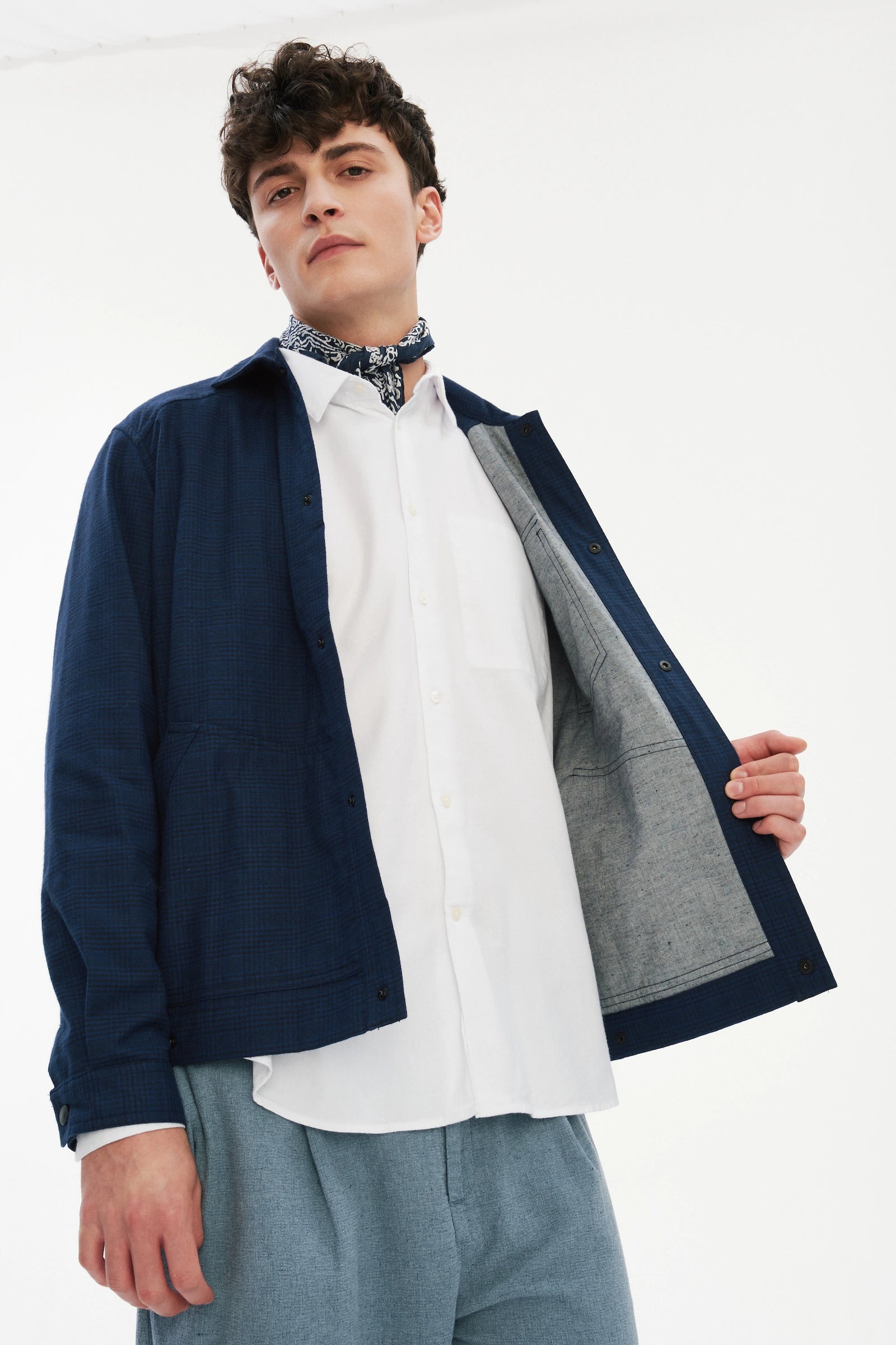 French Workwear Jacket in a Tonal Prussian Blue and Black Chequered Italian Cotton Flannel