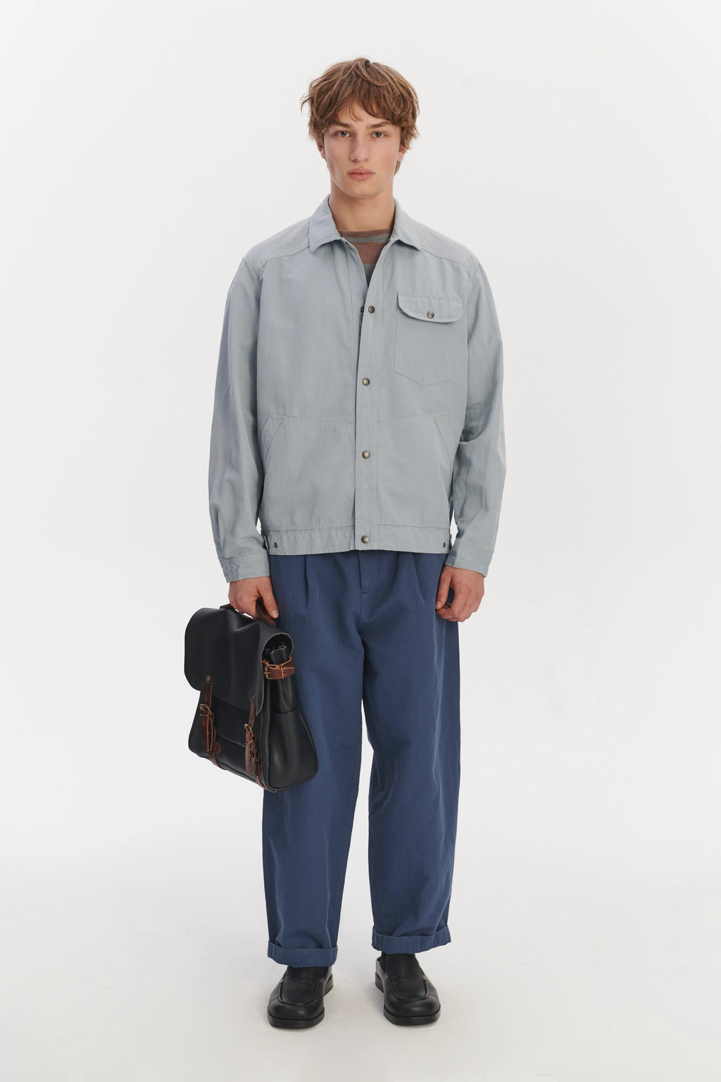 French Workwear Jacket in a Light Blue Grey Italian Cotton and Linen