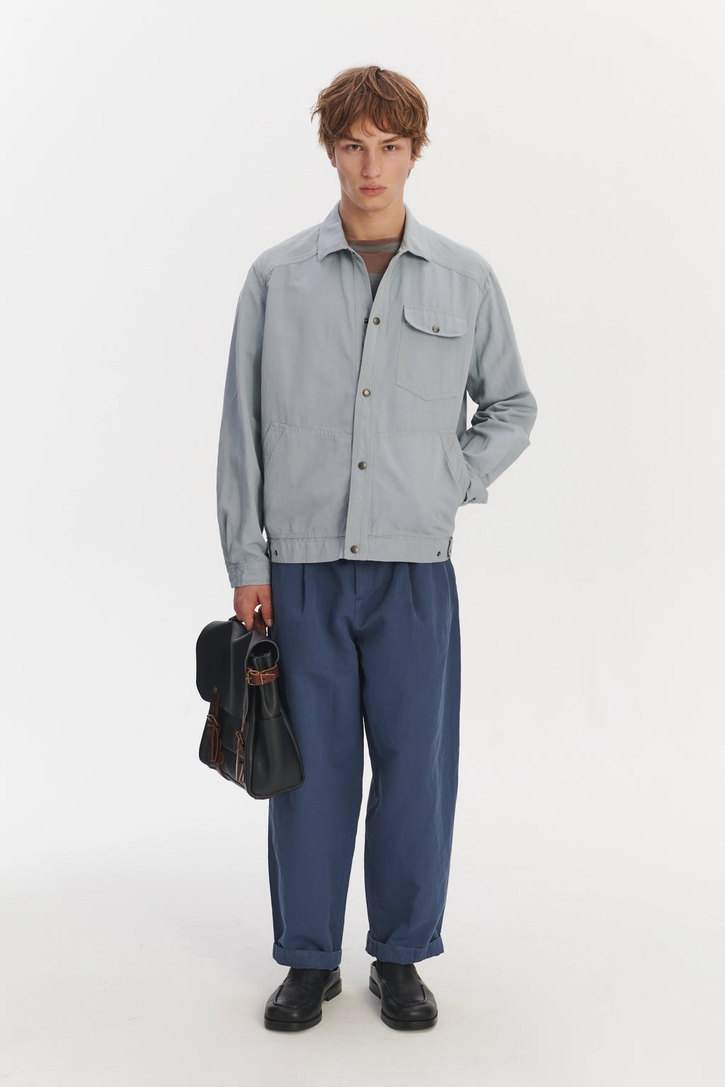 French Workwear Jacket in a Light Blue Grey Italian Cotton and Linen