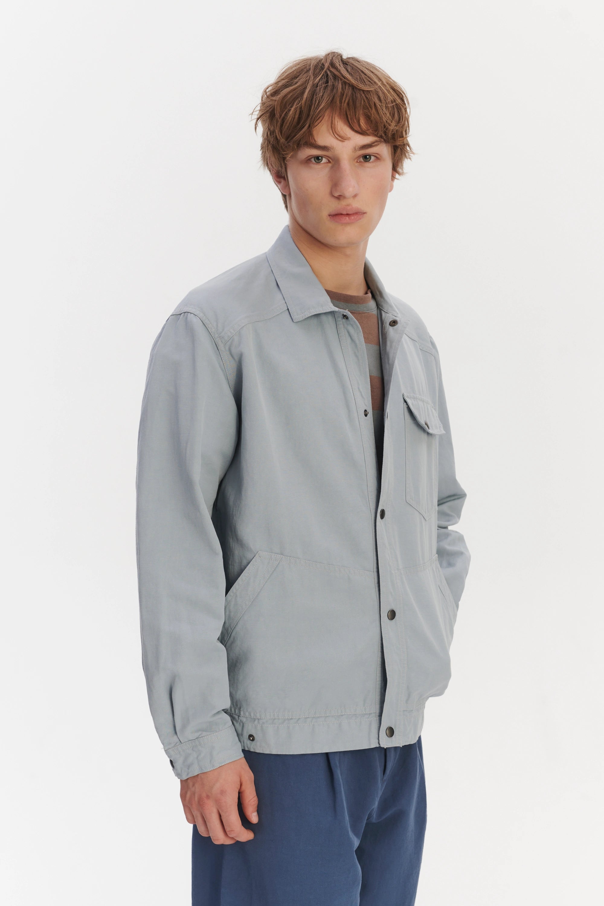 French Workwear Jacket in a Light Blue Grey Italian Cotton and Linen