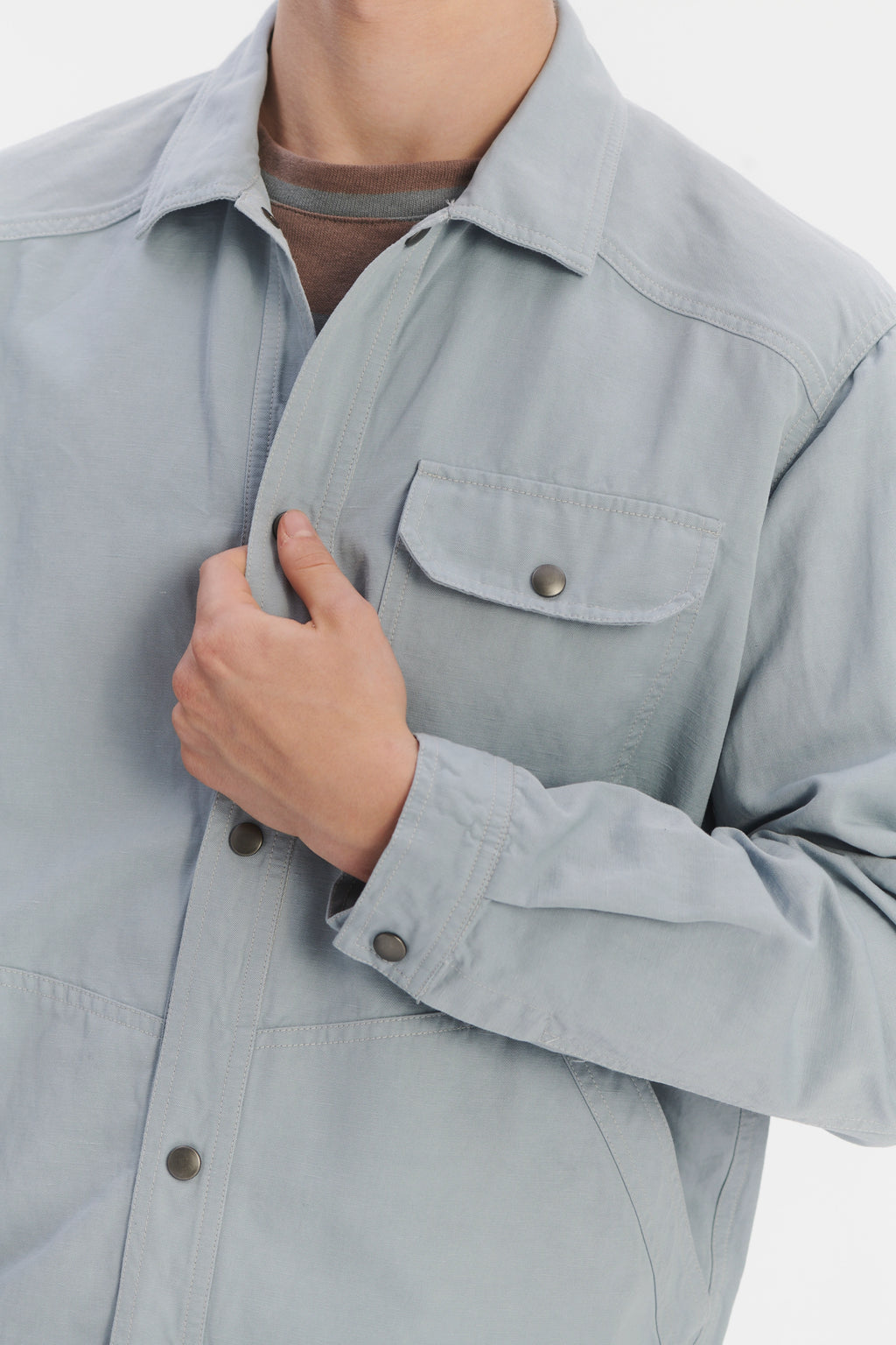 French Workwear Jacket in a Light Blue Grey Italian Cotton and Linen