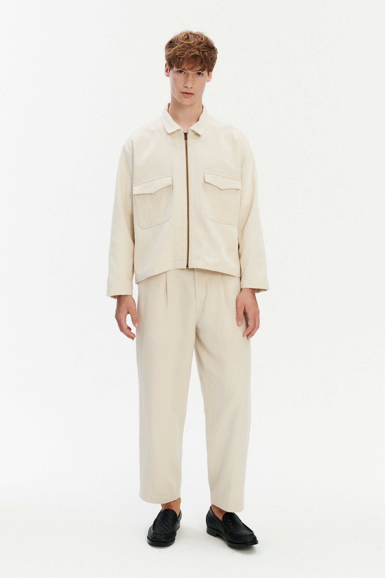 Palermo Workwear Jacket in an Ecru White Japanese Blend of Wool, Cotton and Linen