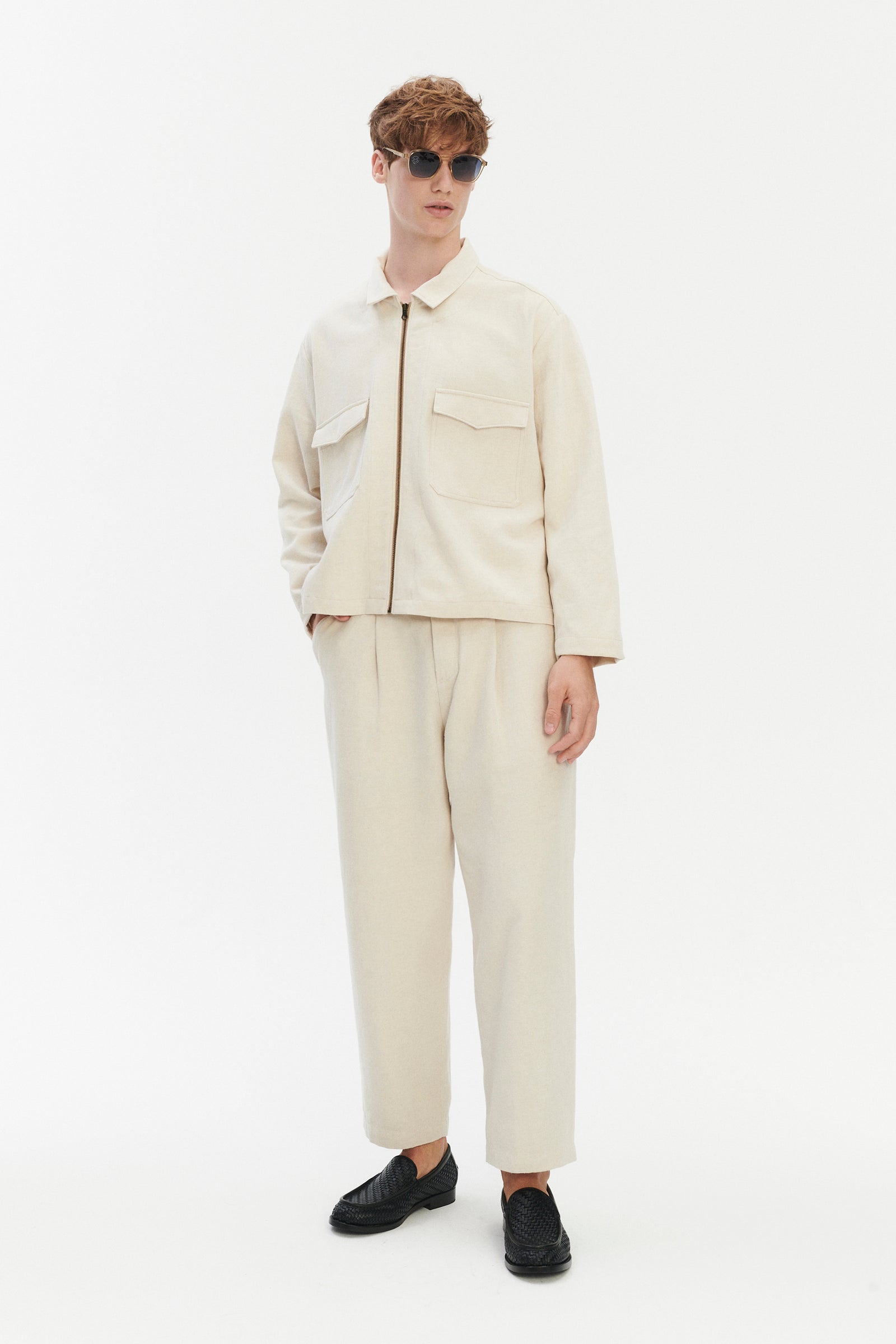 Palermo Workwear Jacket in an Ecru White Japanese Blend of Wool, Cotton and Linen