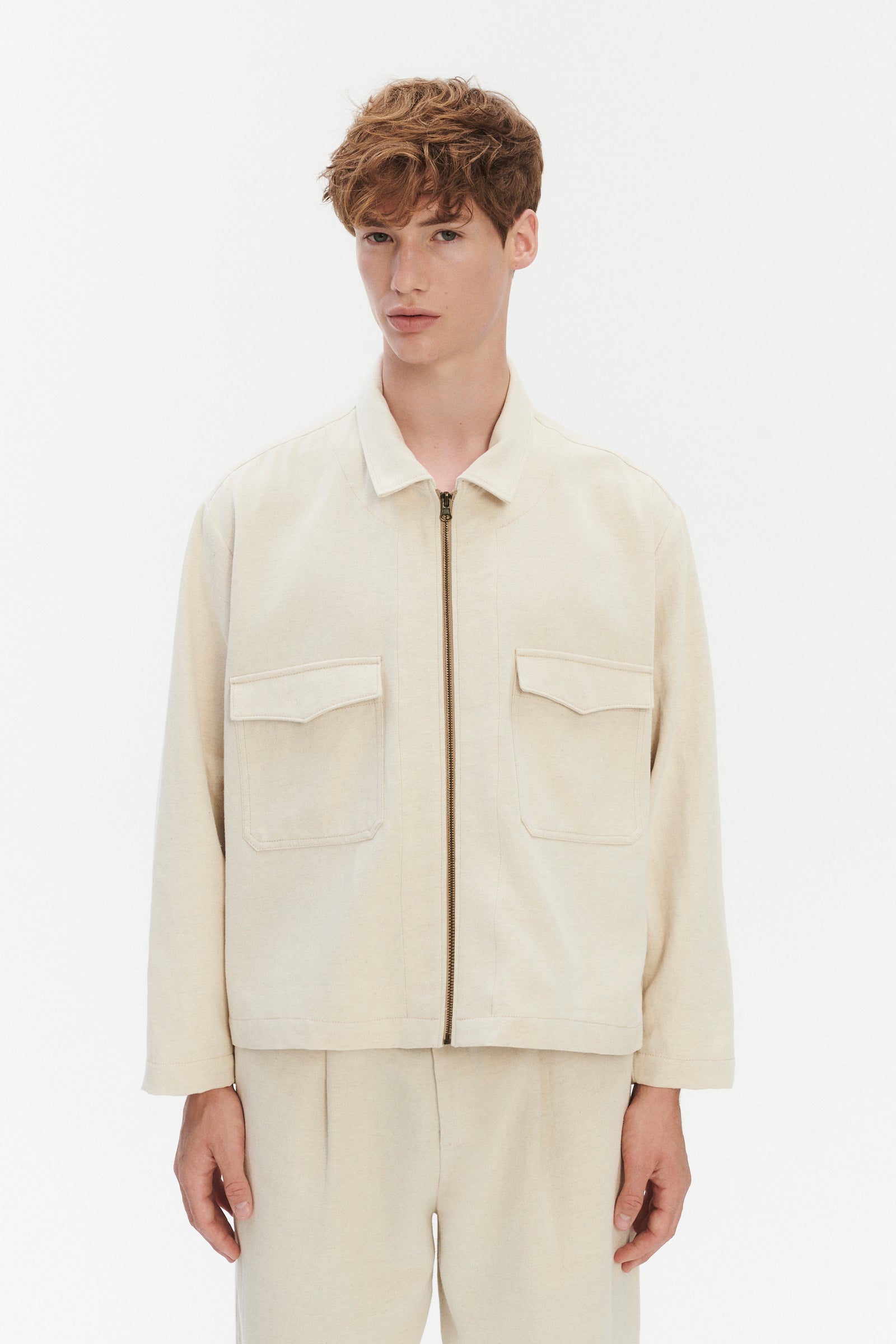 Palermo Workwear Jacket in an Ecru White Japanese Blend of Wool, Cotton and Linen