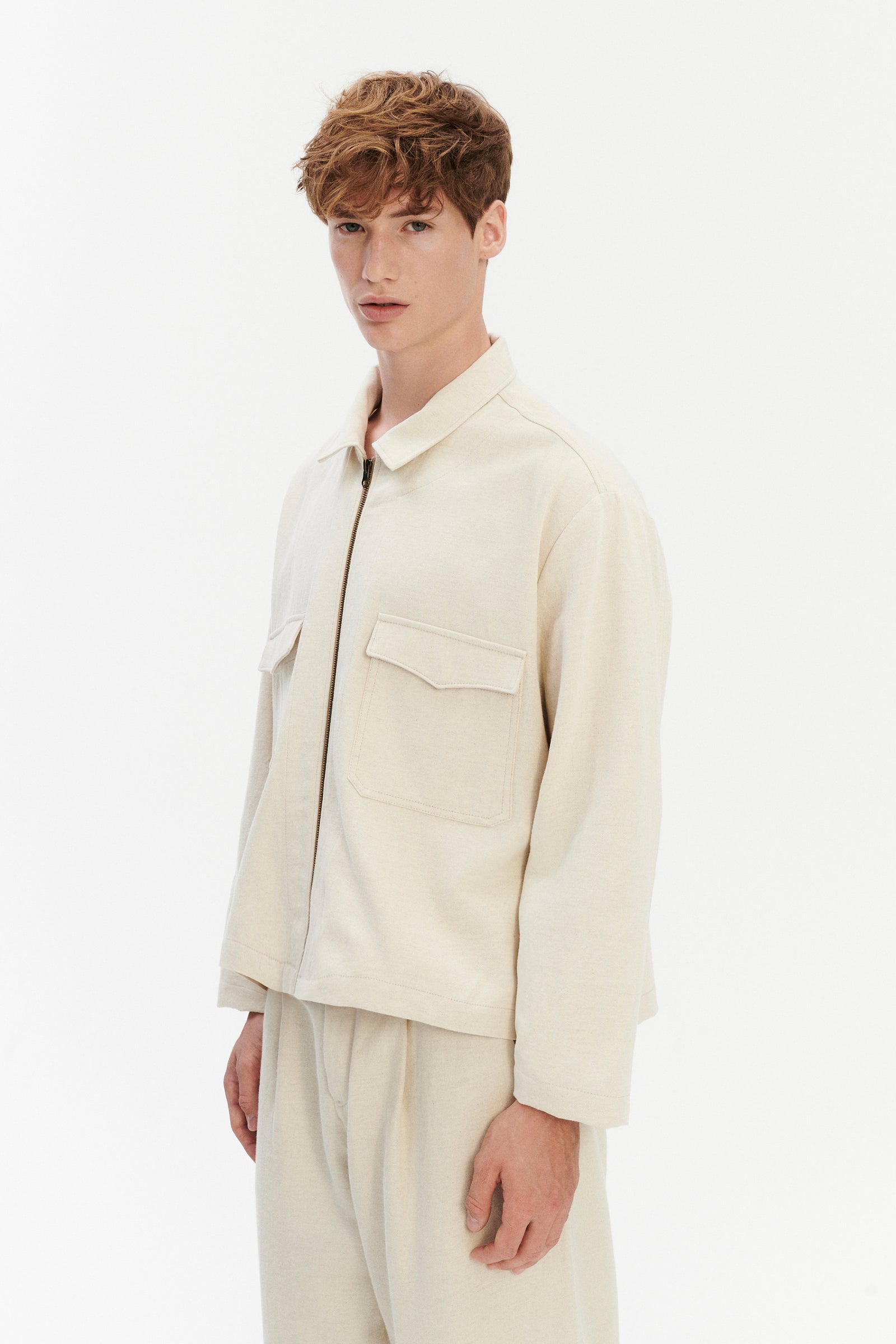 Palermo Workwear Jacket in an Ecru White Japanese Blend of Wool, Cotton and Linen