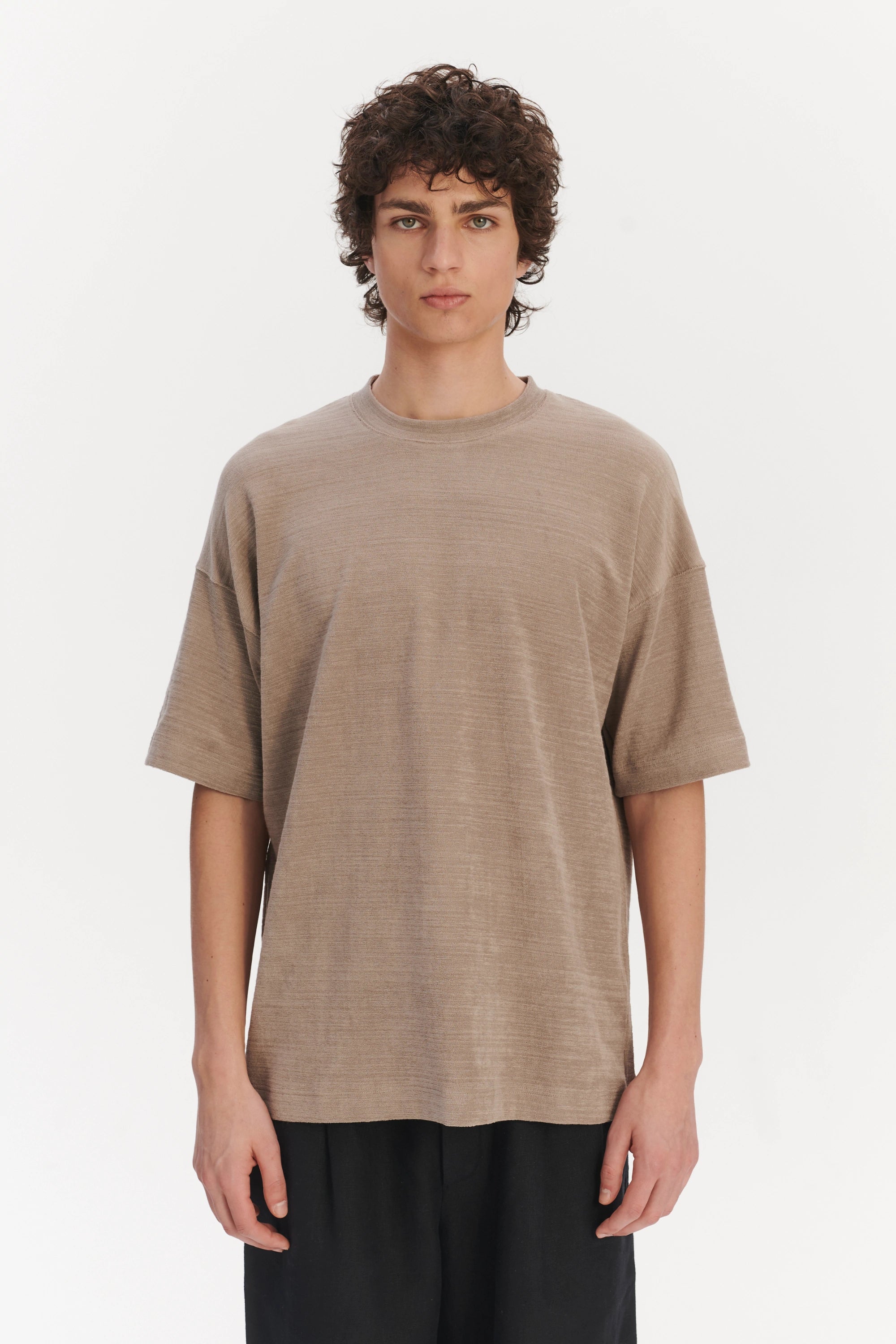 Oversized T-Shirt in an Organic Taupe Beige Portuguese Cotton and Linen