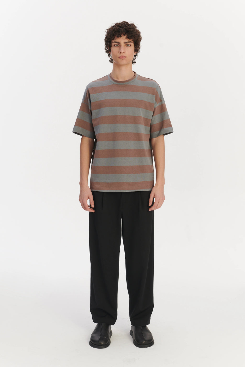 Oversized T-Shirt in a Thick Taupe Beige and Sea Blue Horizontal Striped Portuguese Organic Cotton