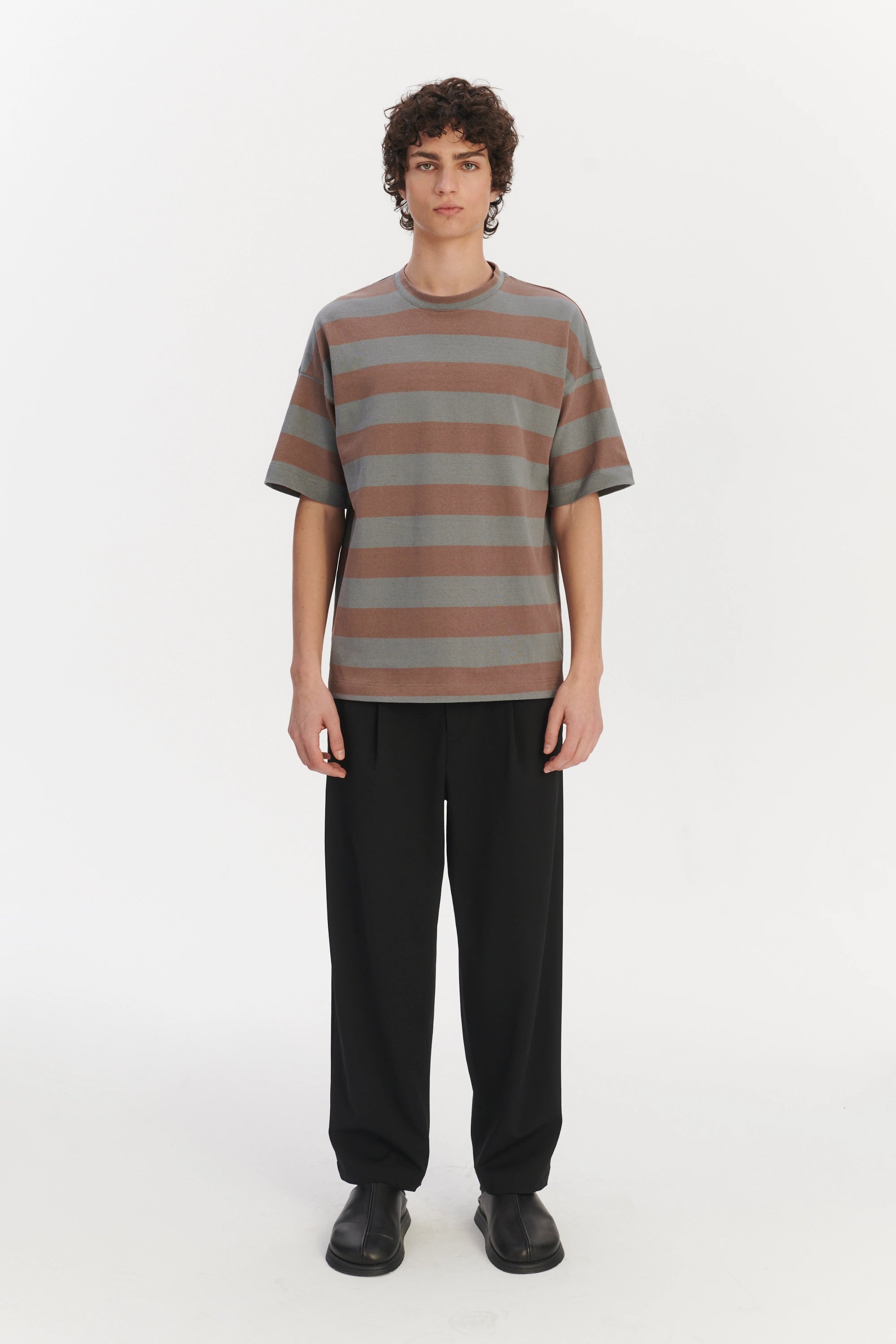 Oversized T-Shirt in a Thick Taupe Beige and Sea Blue Horizontal Striped Portuguese Organic Cotton