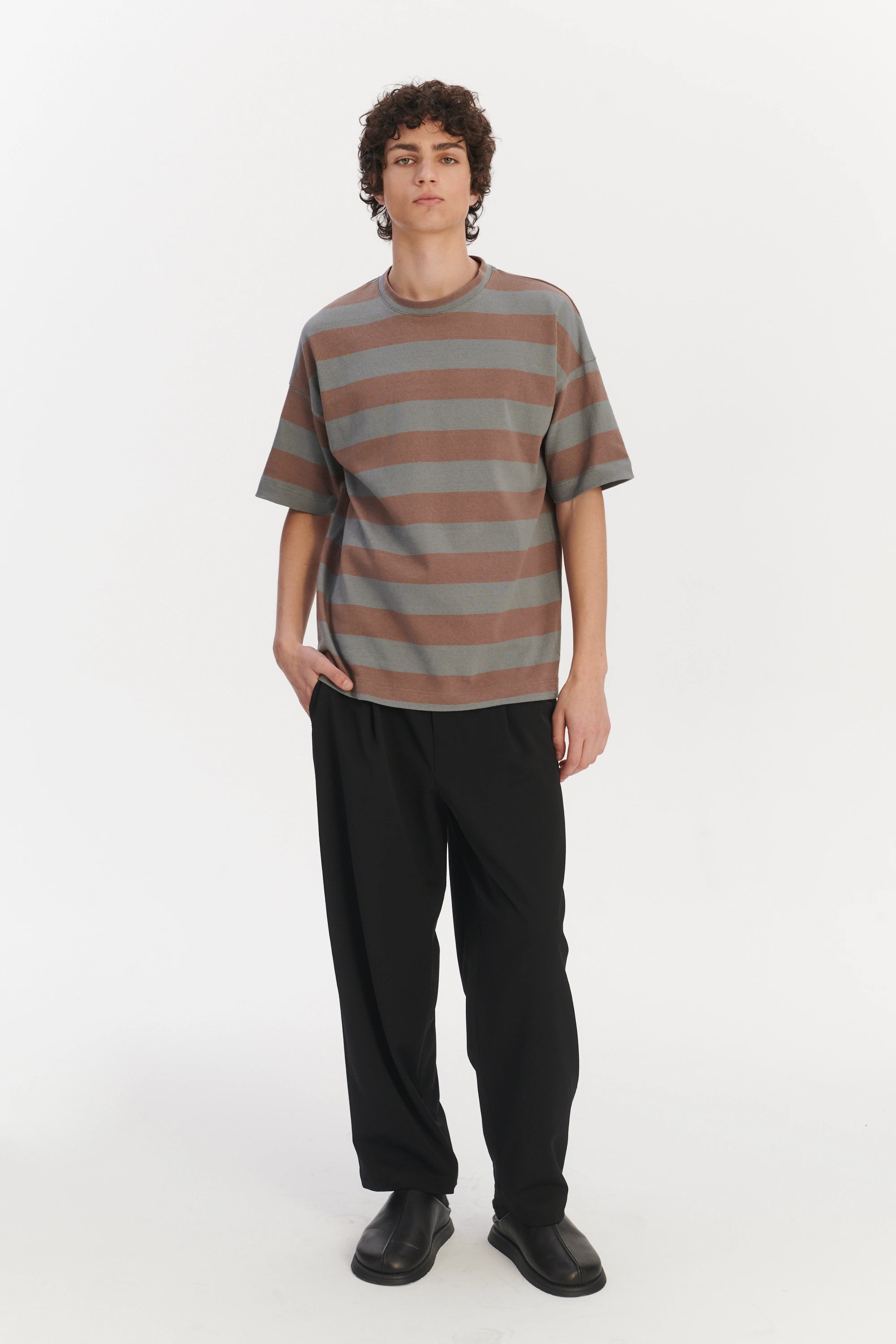 Oversized T-Shirt in a Thick Taupe Beige and Sea Blue Horizontal Striped Portuguese Organic Cotton