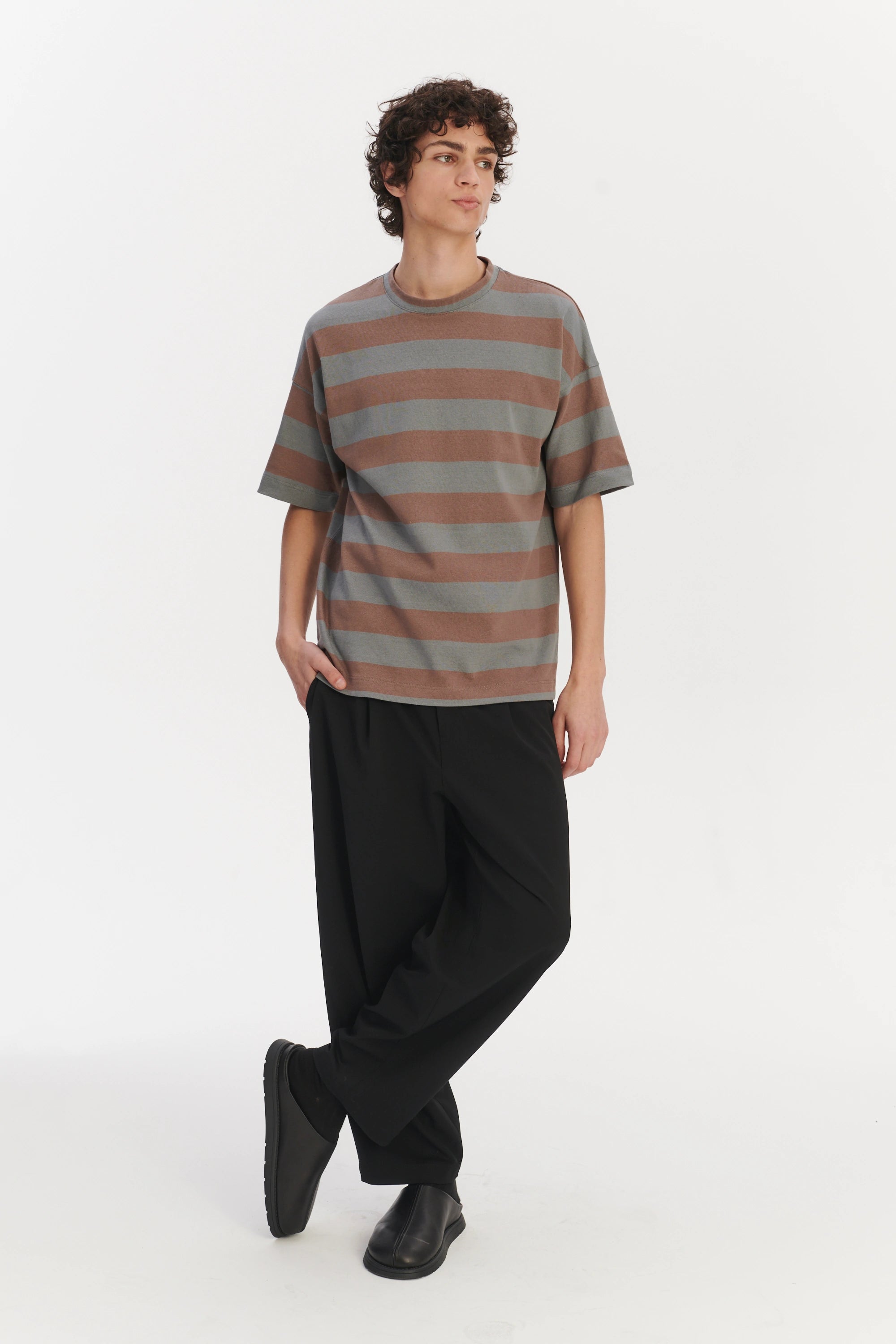 Oversized T-Shirt in a Thick Taupe Beige and Sea Blue Horizontal Striped Portuguese Organic Cotton