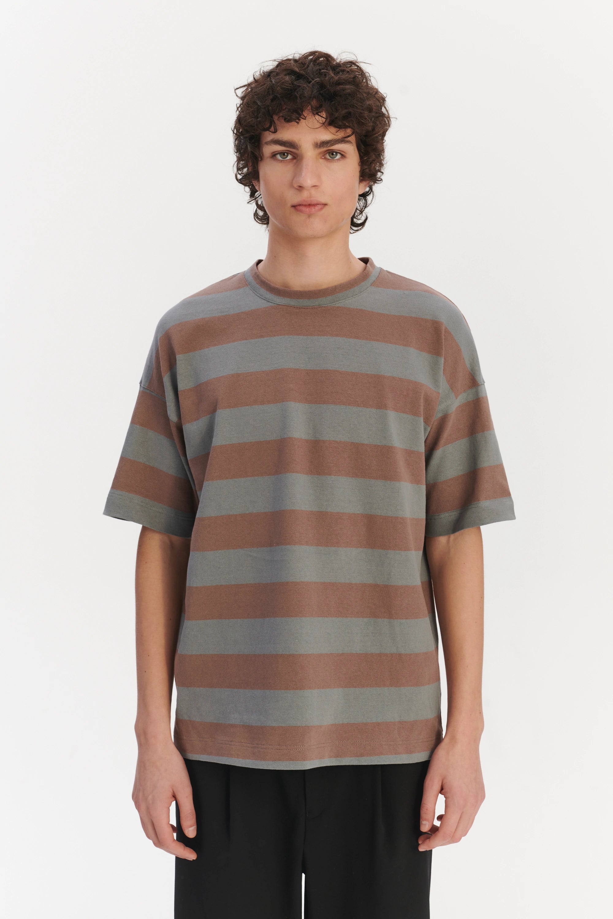 Oversized T-Shirt in a Thick Taupe Beige and Sea Blue Horizontal Striped Portuguese Organic Cotton