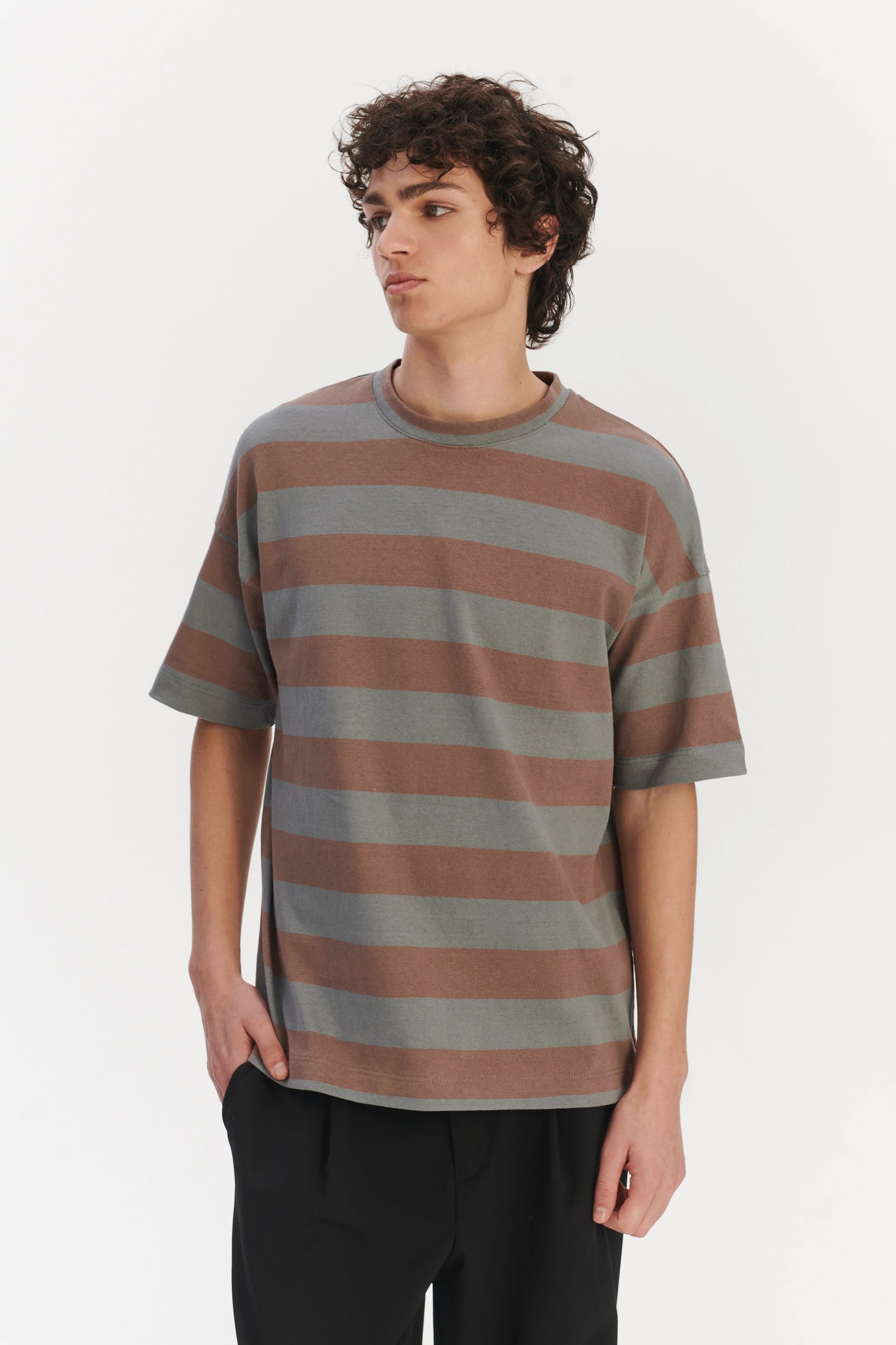 Oversized T-Shirt in a Thick Taupe Beige and Sea Blue Horizontal Striped Portuguese Organic Cotton