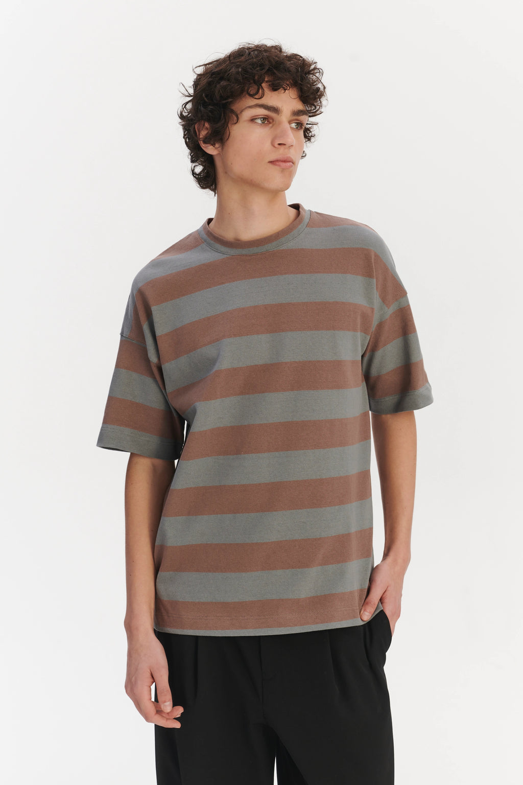 Oversized T-Shirt in a Thick Taupe Beige and Sea Blue Horizontal Striped Portuguese Organic Cotton