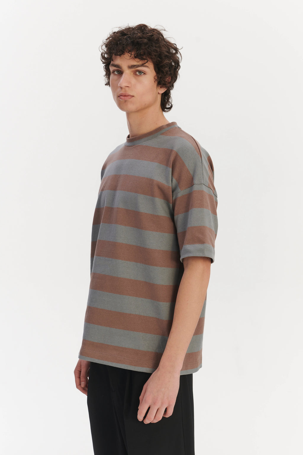 Oversized T-Shirt in a Thick Taupe Beige and Sea Blue Horizontal Striped Portuguese Organic Cotton