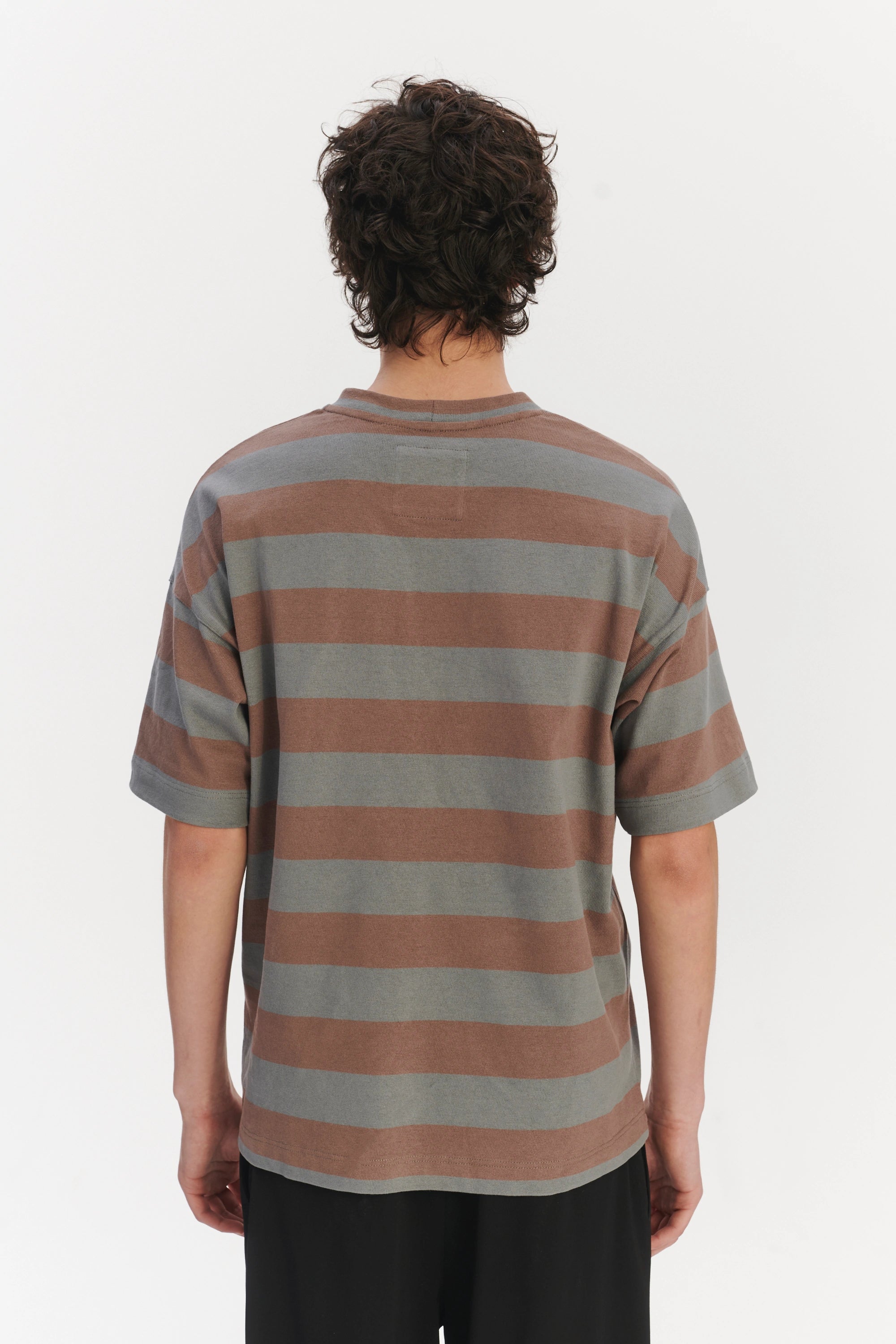 Oversized T-Shirt in a Thick Taupe Beige and Sea Blue Horizontal Striped Portuguese Organic Cotton