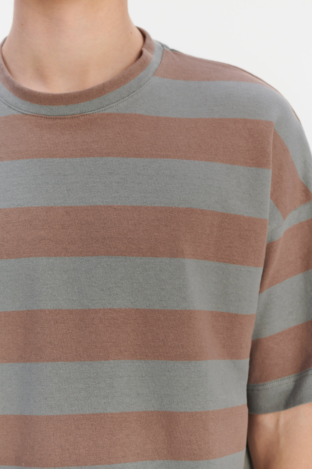 Oversized T-Shirt in a Thick Taupe Beige and Sea Blue Horizontal Striped Portuguese Organic Cotton