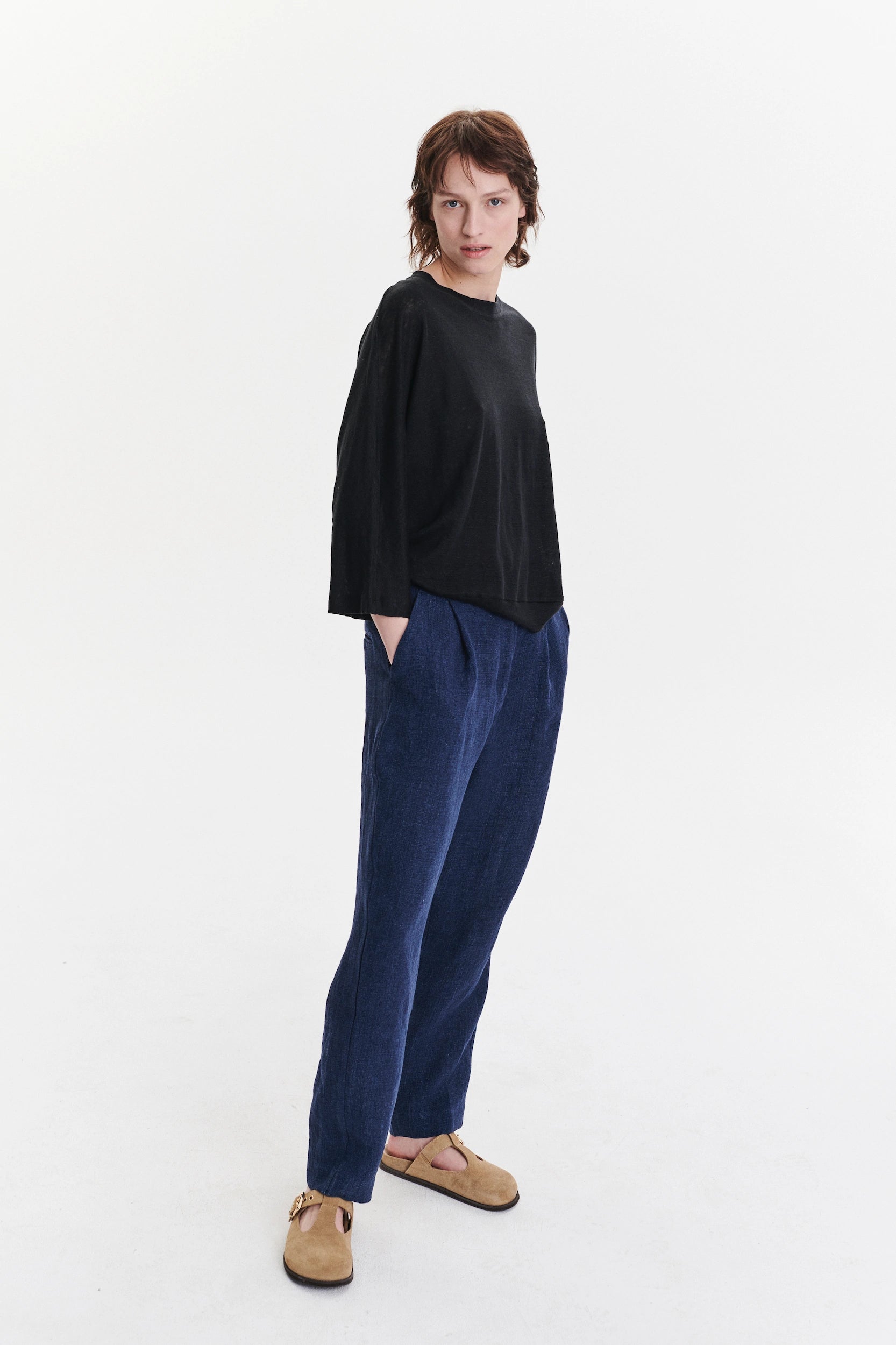 Genuine Trousers in a Navy Blue Fluid Italian Linen Crepe
