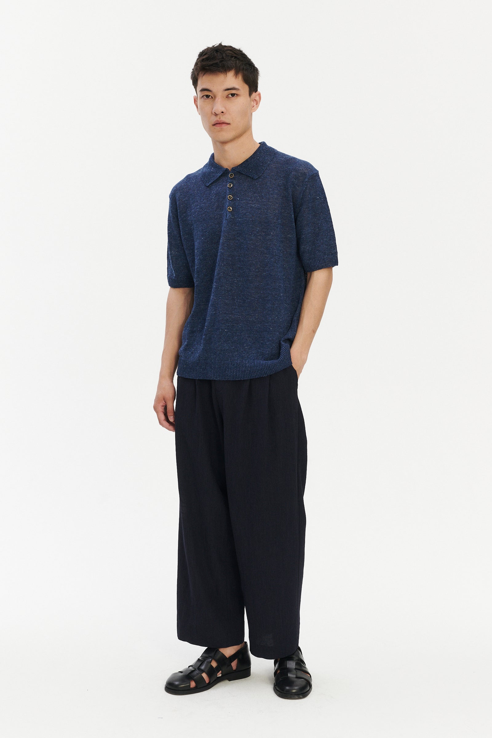 Short Sleeve Polo in an Evening Sky Blue Italian Linen