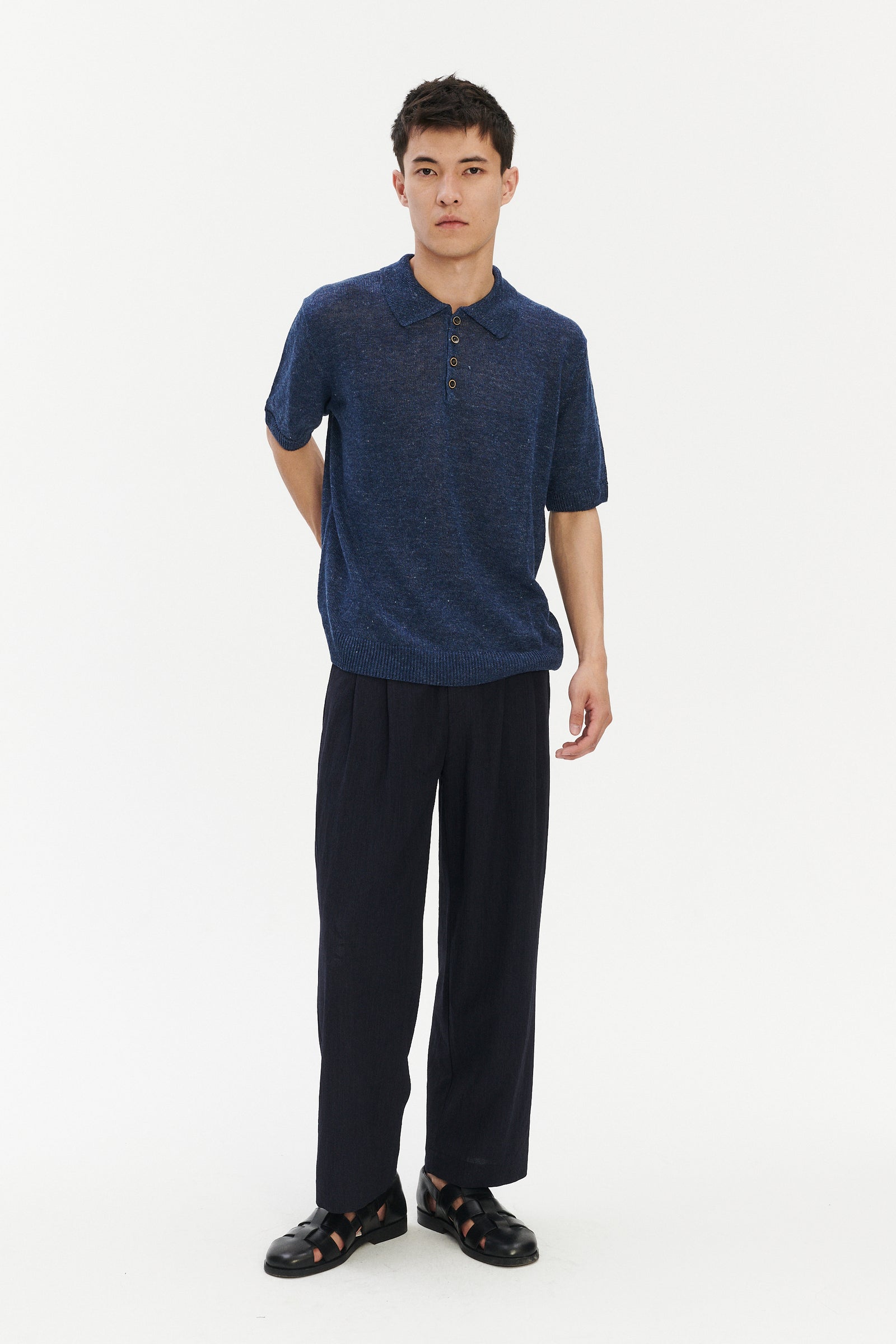 Short Sleeve Polo in an Evening Sky Blue Italian Linen