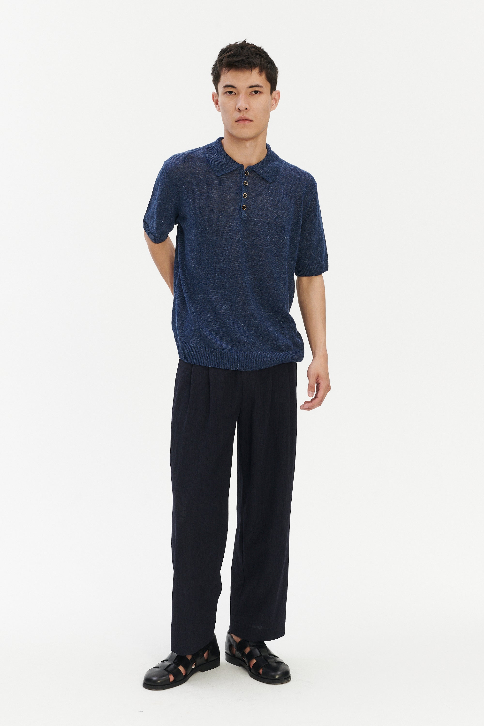Short Sleeve Polo in Evening Blue Italian Linen