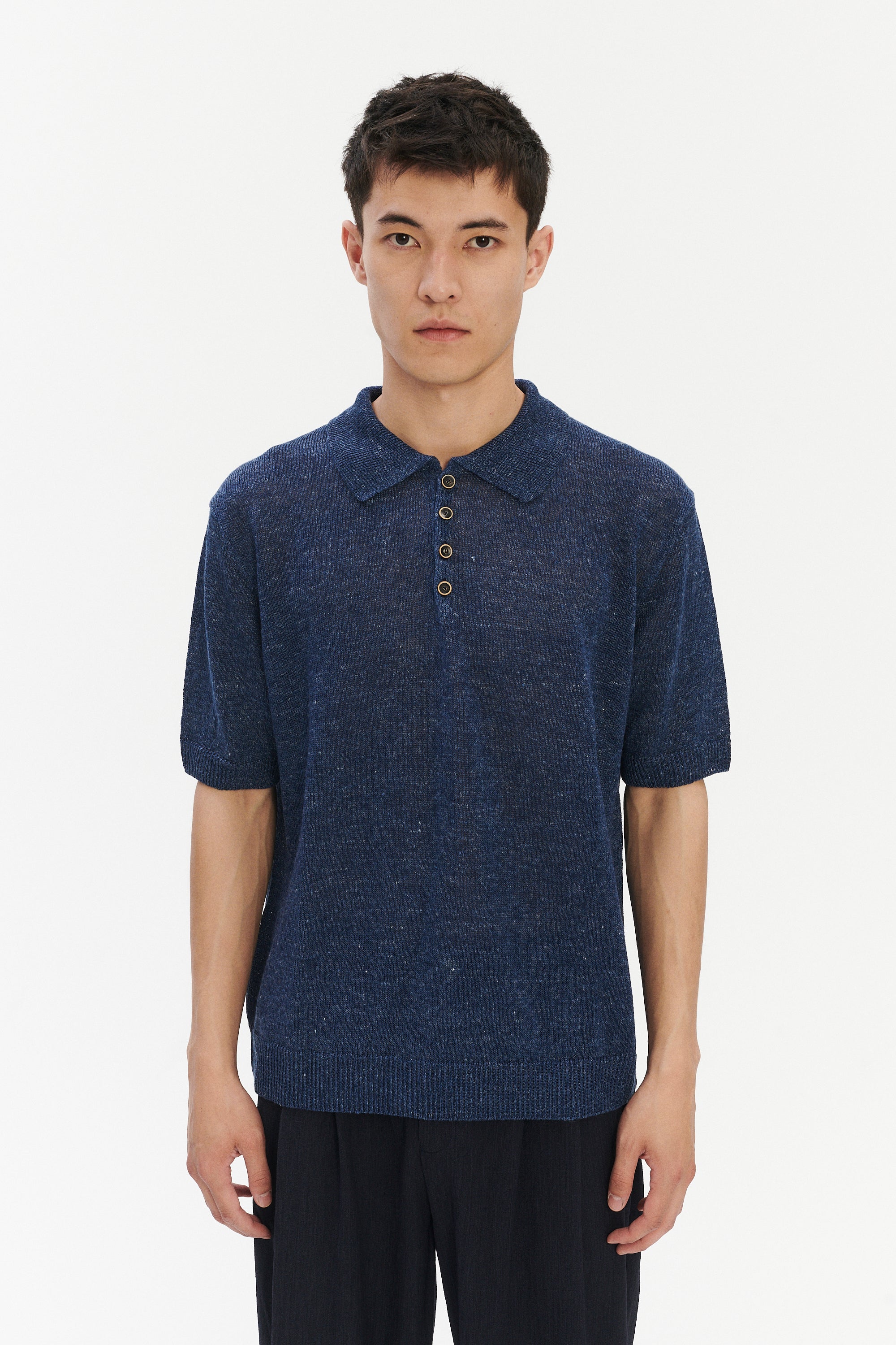 Short Sleeve Polo in Evening Blue Italian Linen
