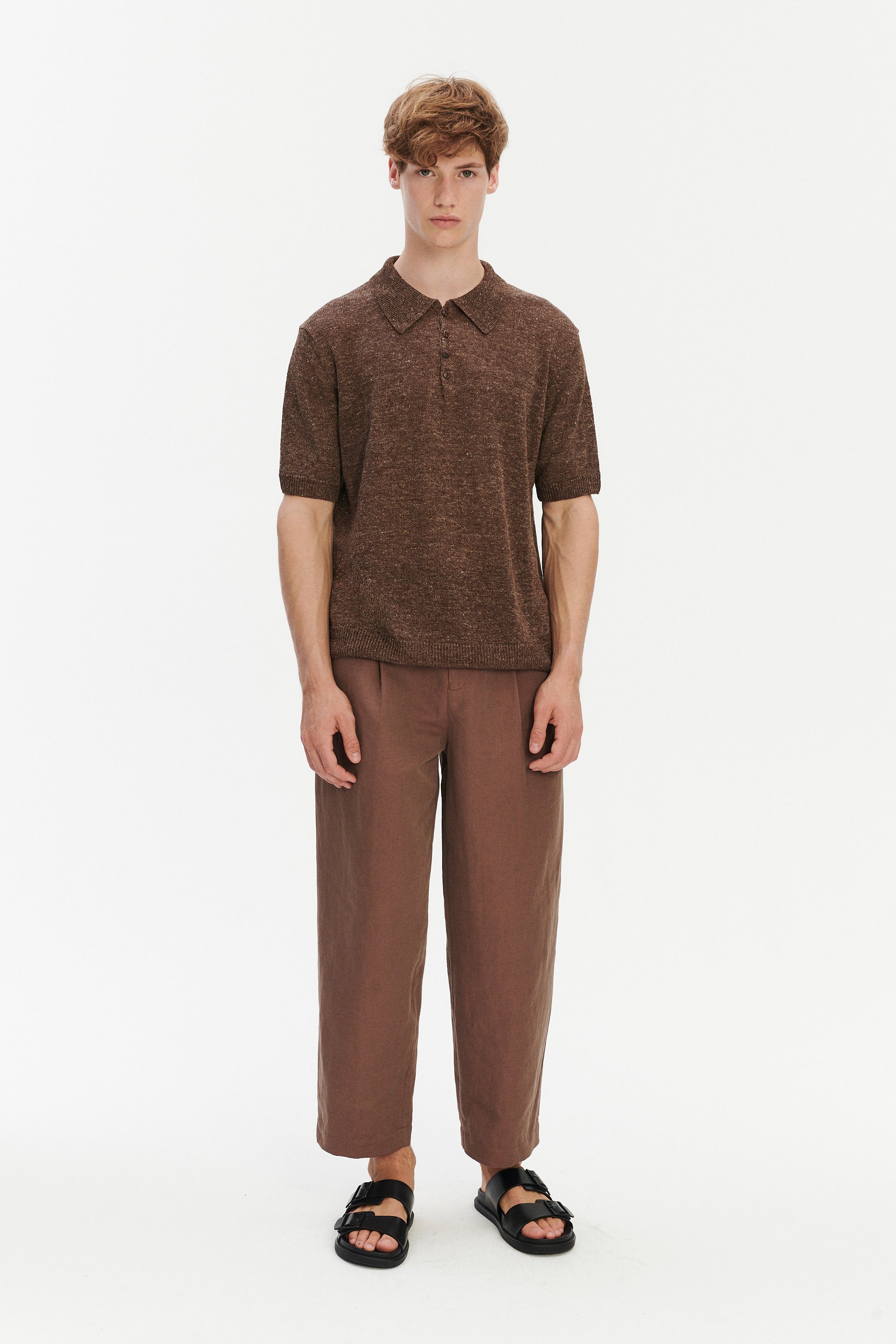 Short Sleeve Polo in Cocoa Brown Italian Linen