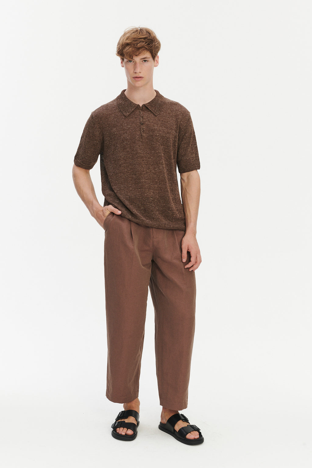 Short Sleeve Polo in Cocoa Brown Italian Linen