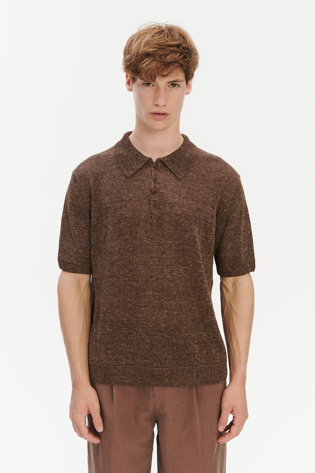Short Sleeve Polo in Cocoa Brown Italian Linen