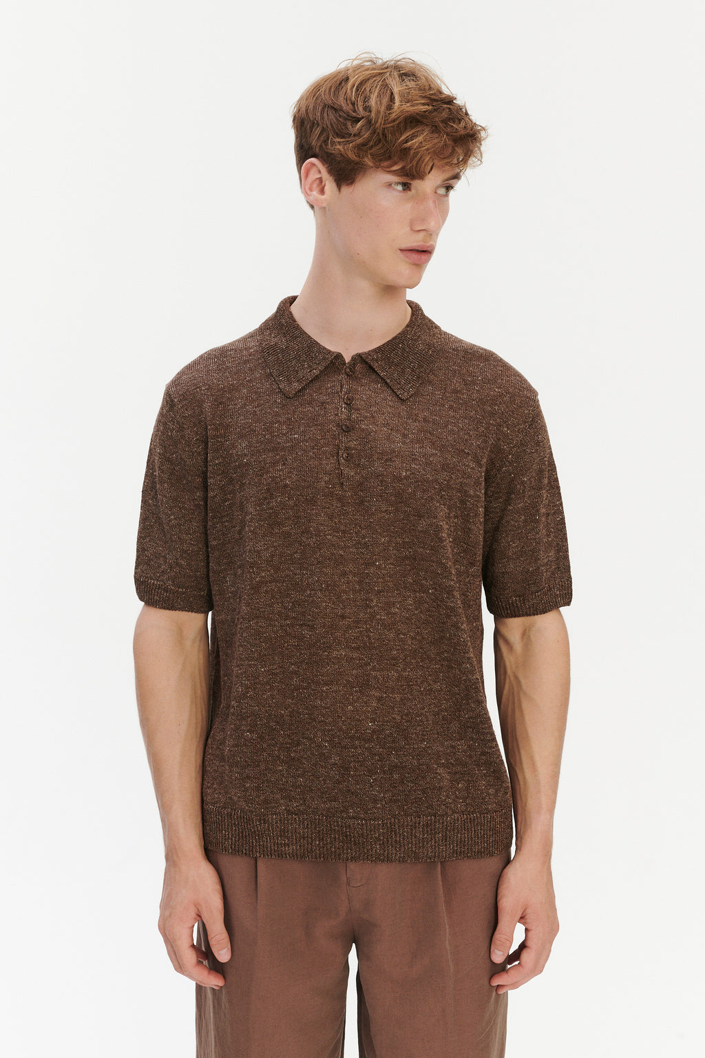 Short Sleeve Polo in Cocoa Brown Italian Linen