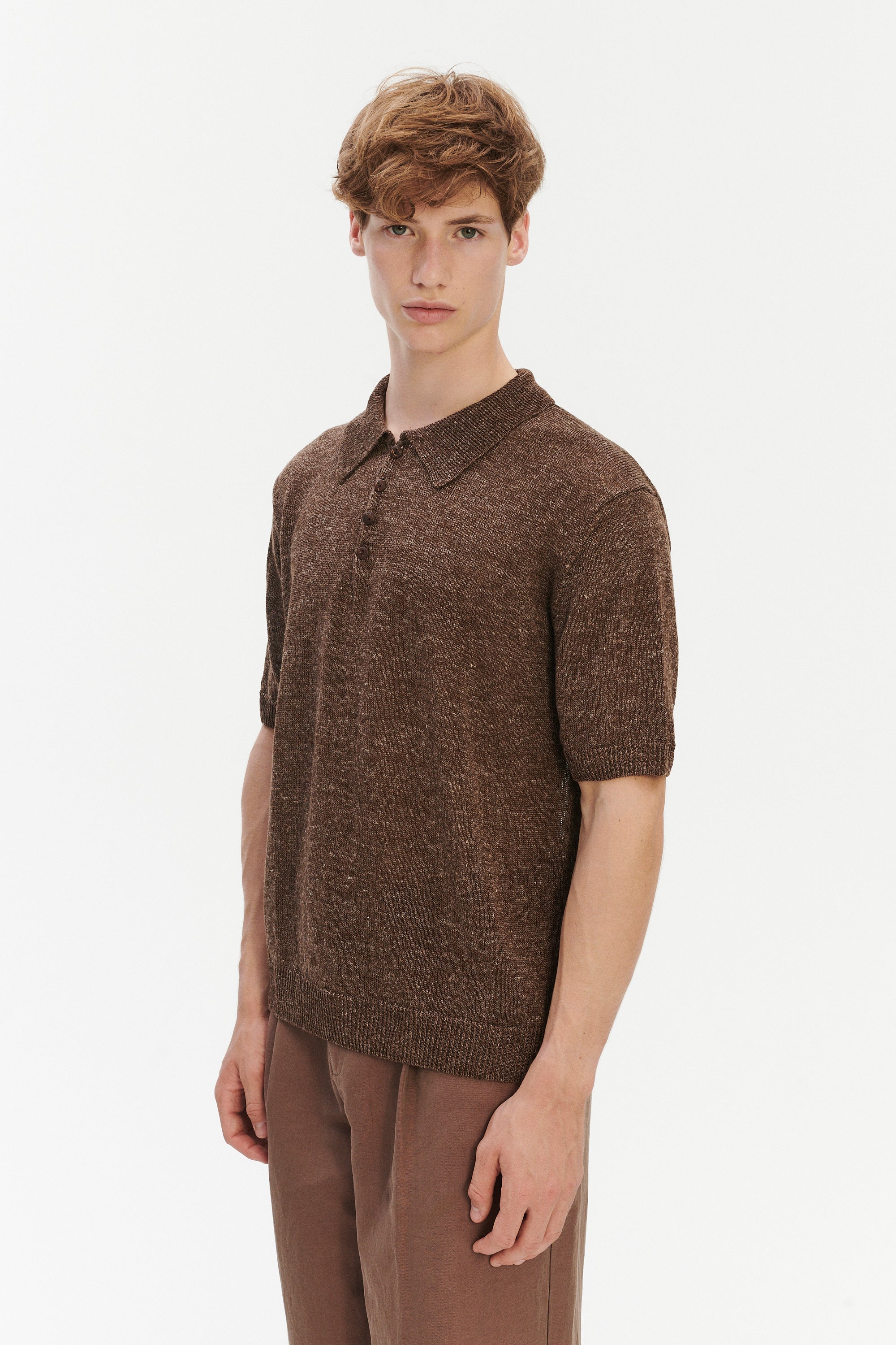 Short Sleeve Polo in Cocoa Brown Italian Linen