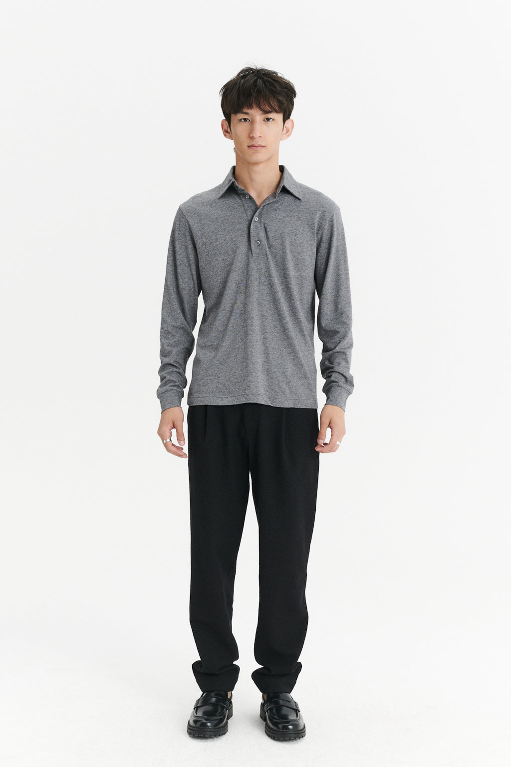 Long Sleeve Polo Shirt in the Finest Dusty Grey Italian Cotton and Cashmere Jersey