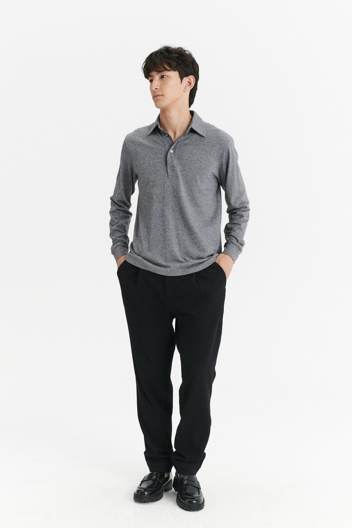 Long Sleeve Polo Shirt in the Finest Dusty Grey Italian Cotton and Cashmere Jersey