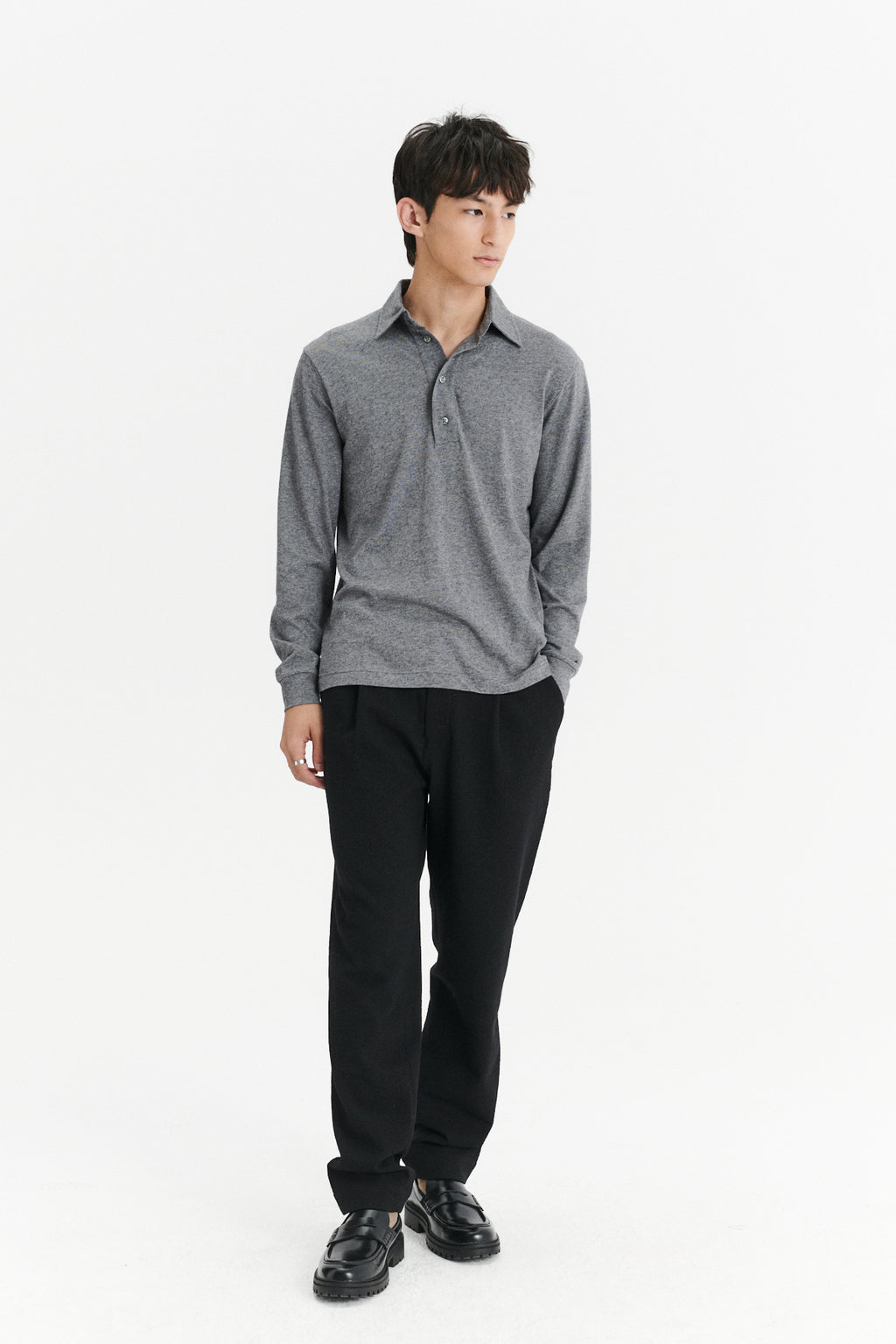 Long Sleeve Polo Shirt in the Finest Dusty Grey Italian Cotton and Cashmere Jersey