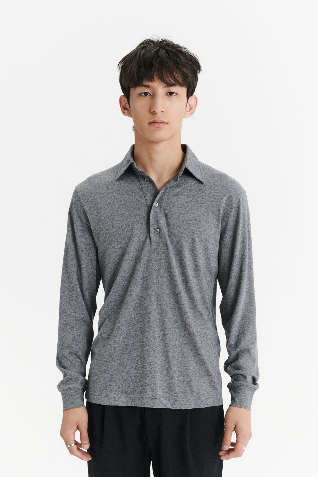 Long Sleeve Polo Shirt in the Finest Dusty Grey Italian Cotton and Cashmere Jersey