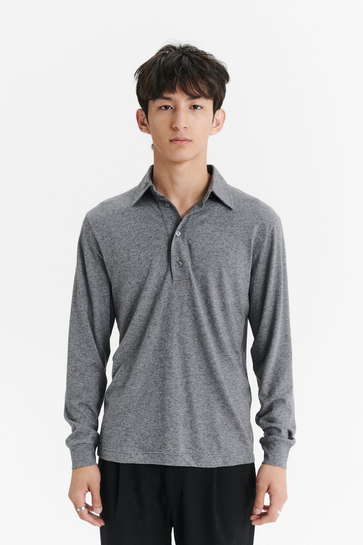Long Sleeve Polo Shirt in the Finest Dusty Grey Italian Cotton and Cashmere Jersey