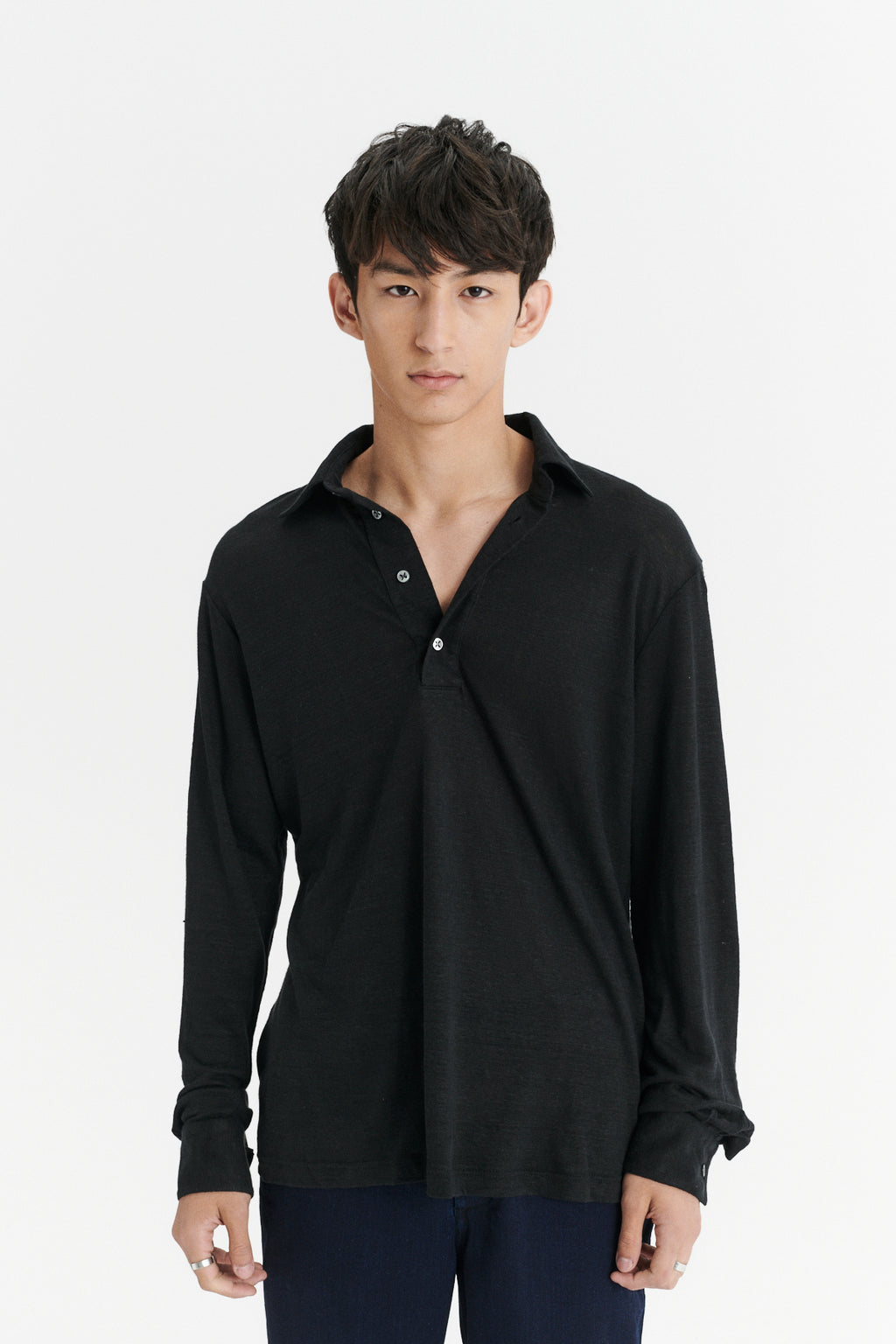 Long Sleeve Polo Shirt in the Finest Black Lithuanian Linen Jersey