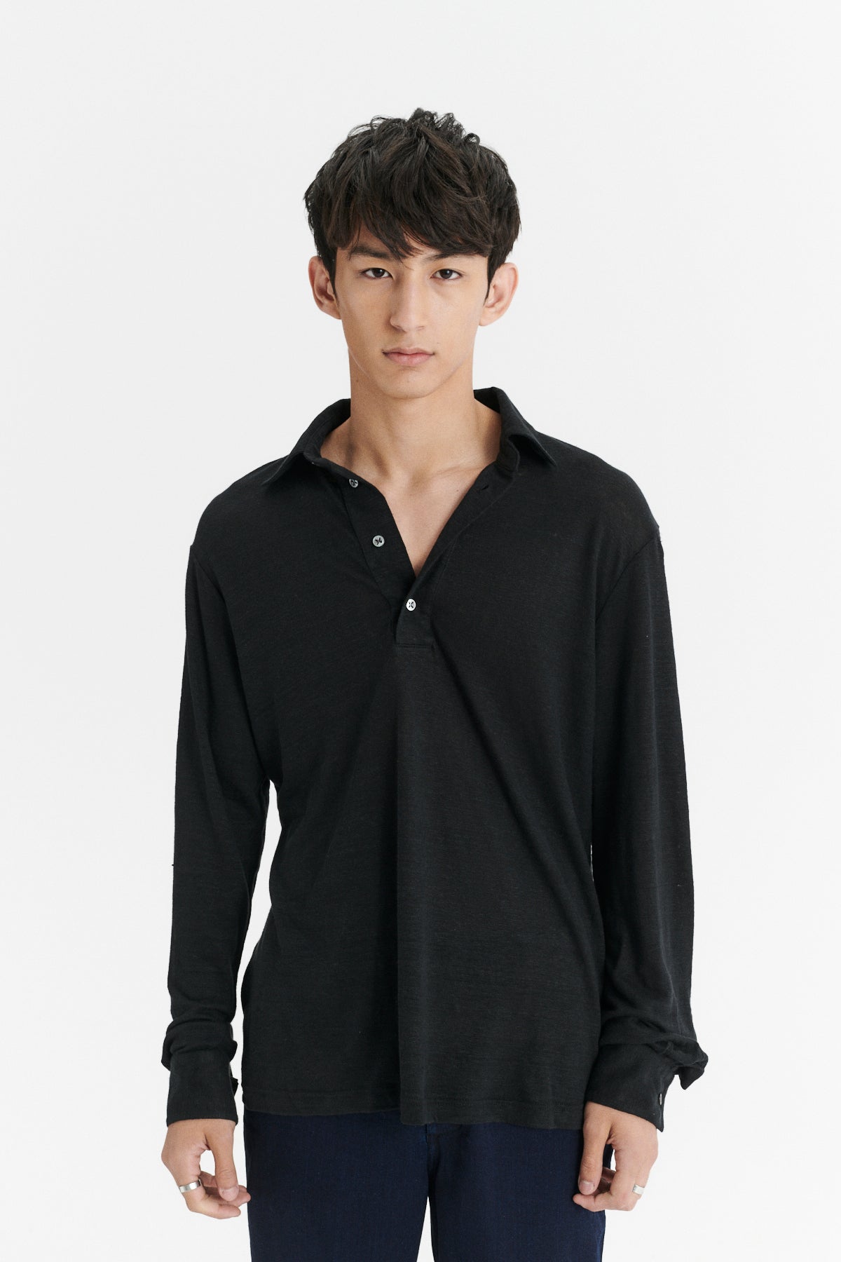 Long Sleeve Polo Shirt in the Finest Black Lithuanian Linen Jersey