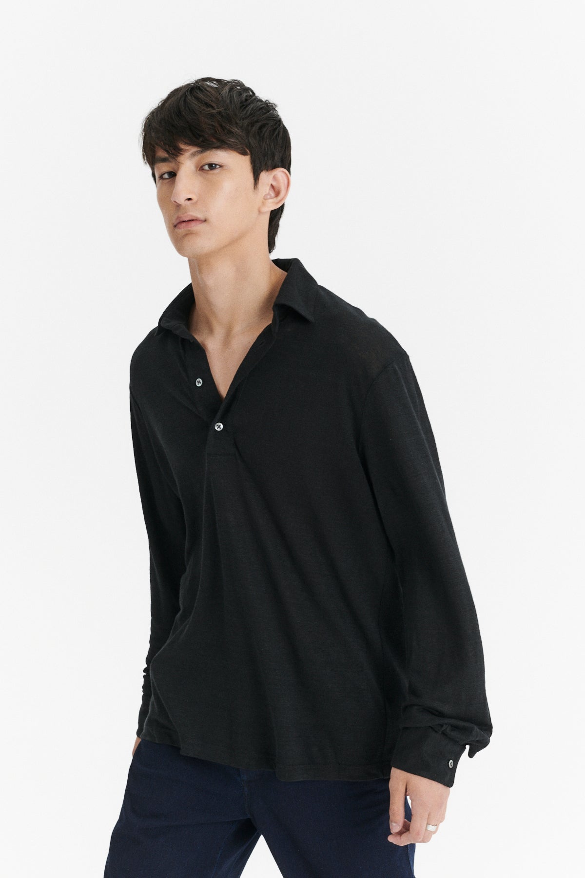 Long Sleeve Polo Shirt in the Finest Black Lithuanian Linen Jersey