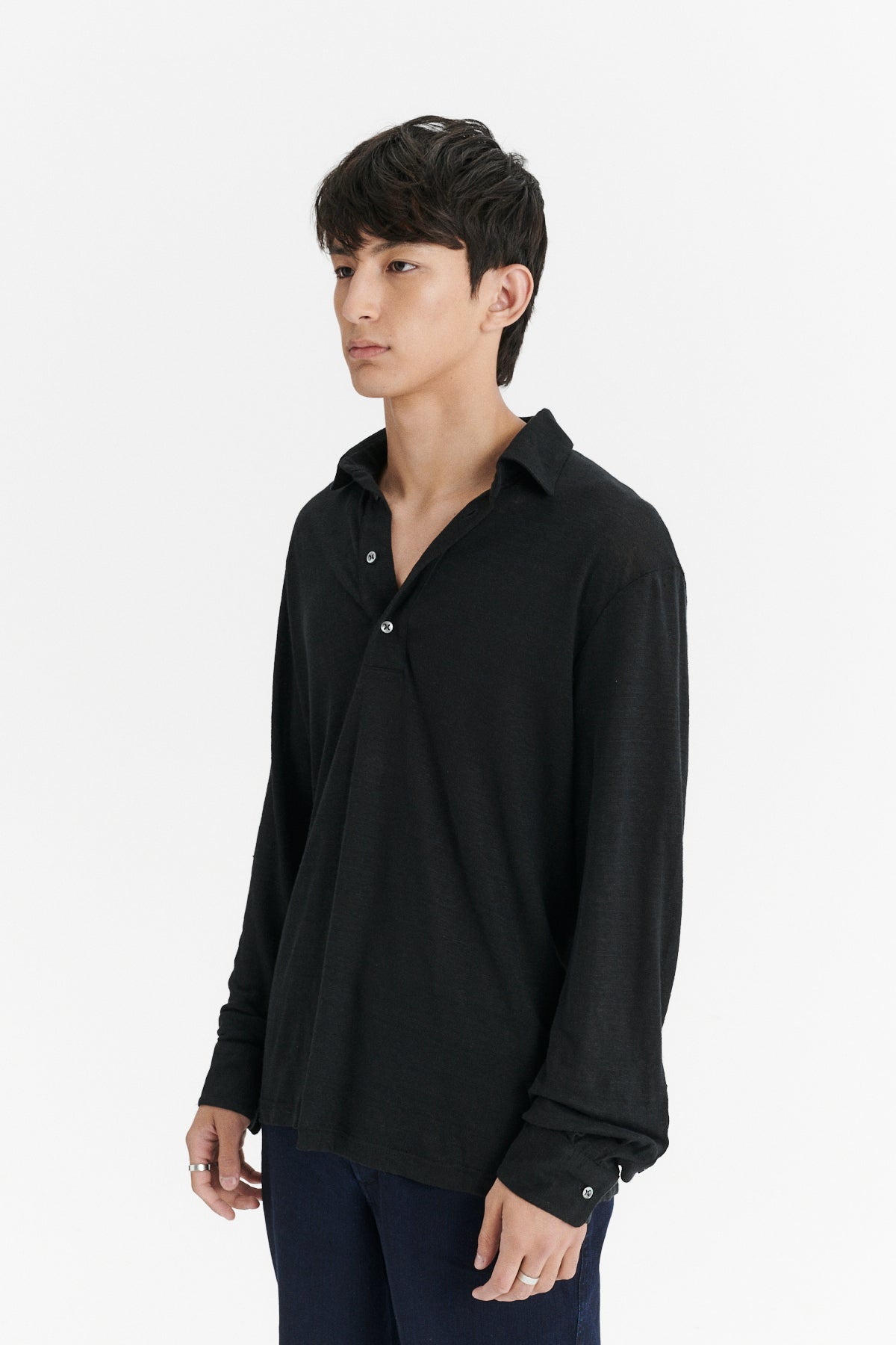 Long Sleeve Polo Shirt in the Finest Black Lithuanian Linen Jersey