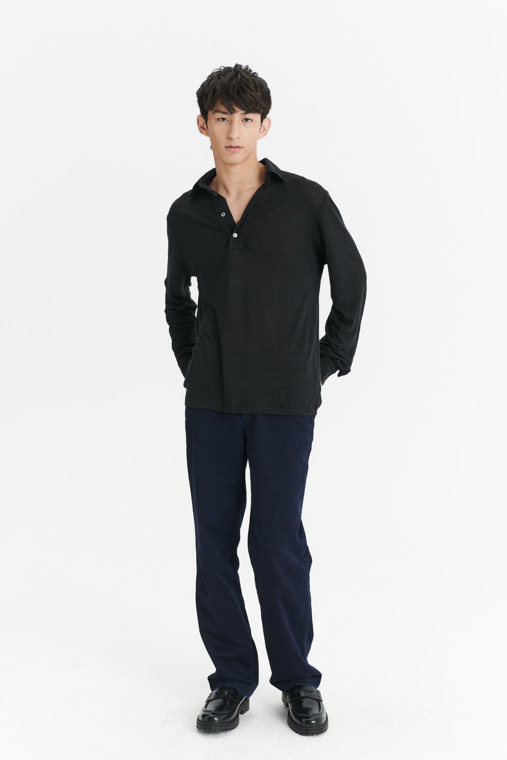 Long Sleeve Polo Shirt in the Finest Black Lithuanian Linen Jersey