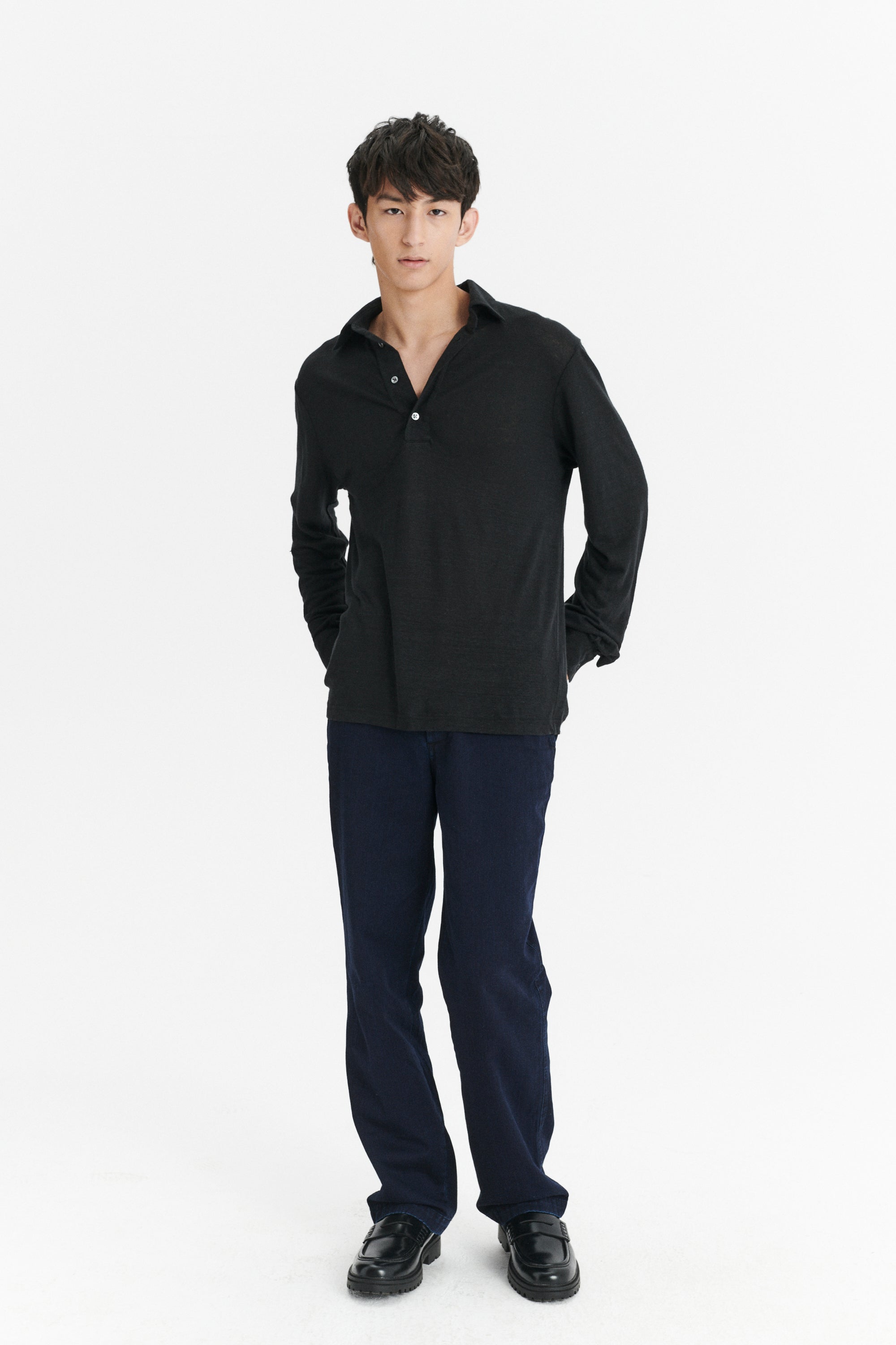 Long Sleeve Polo Shirt in the Finest Black Lithuanian Linen Jersey