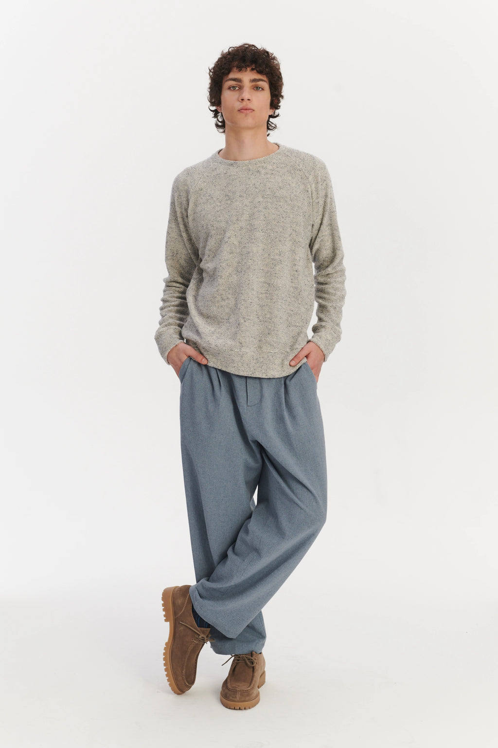 Long Sleeve Sweatshirt in a Grey White Japanese Cotton Subtly Looped Jersey