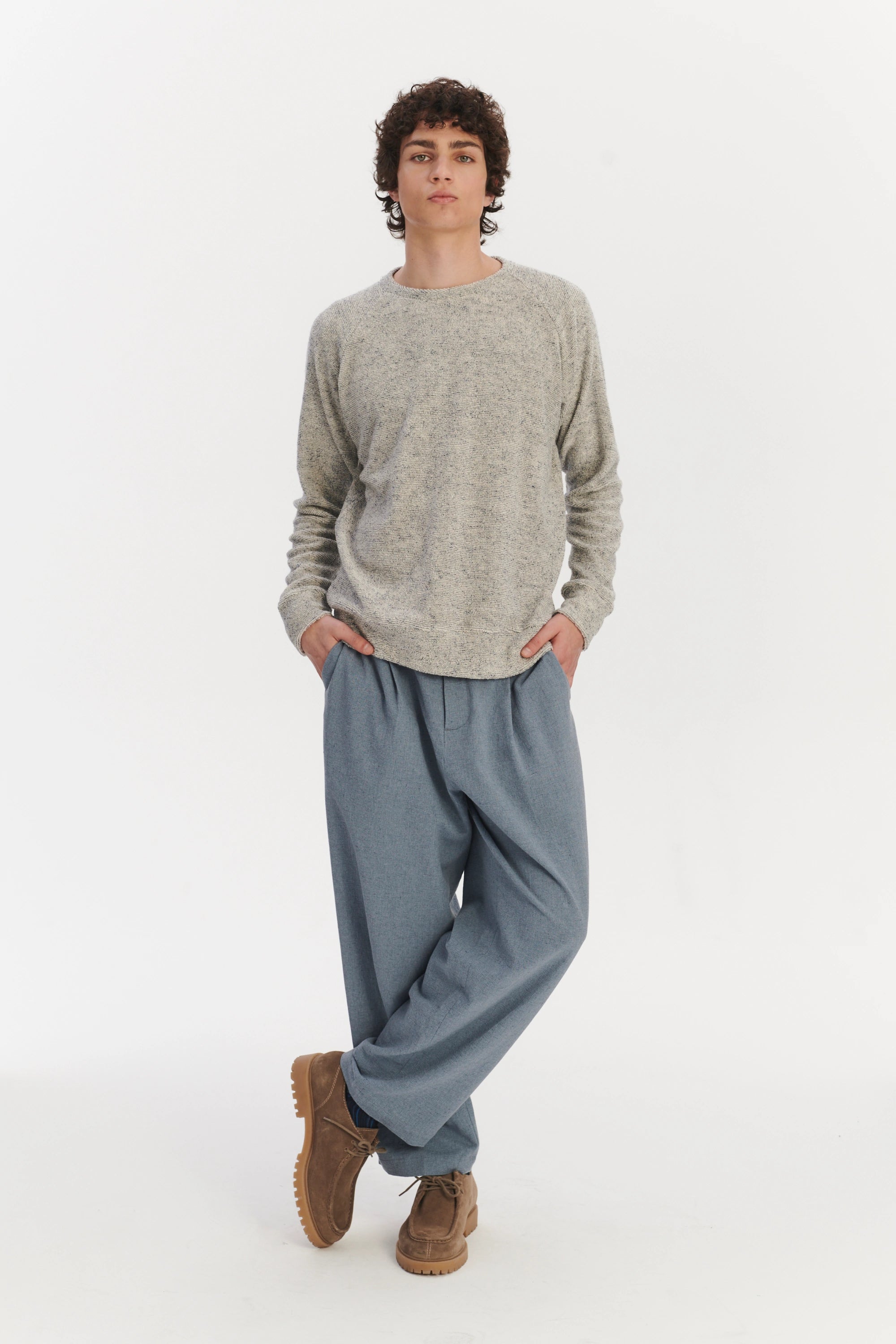 Long Sleeve Sweatshirt in a Grey White Japanese Cotton Subtly Looped Jersey