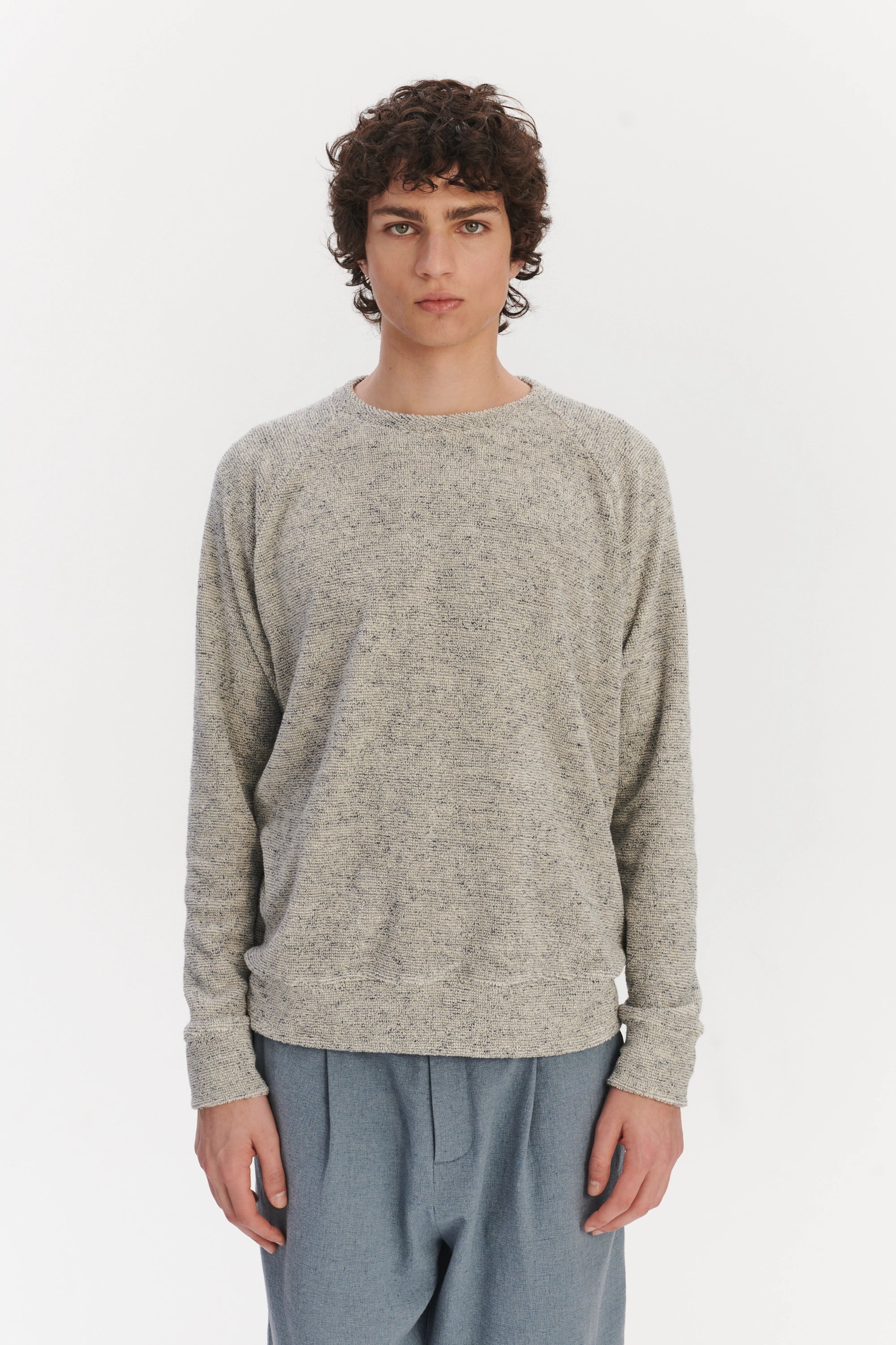 Long Sleeve Sweatshirt in a Grey White Japanese Cotton Subtly Looped Jersey
