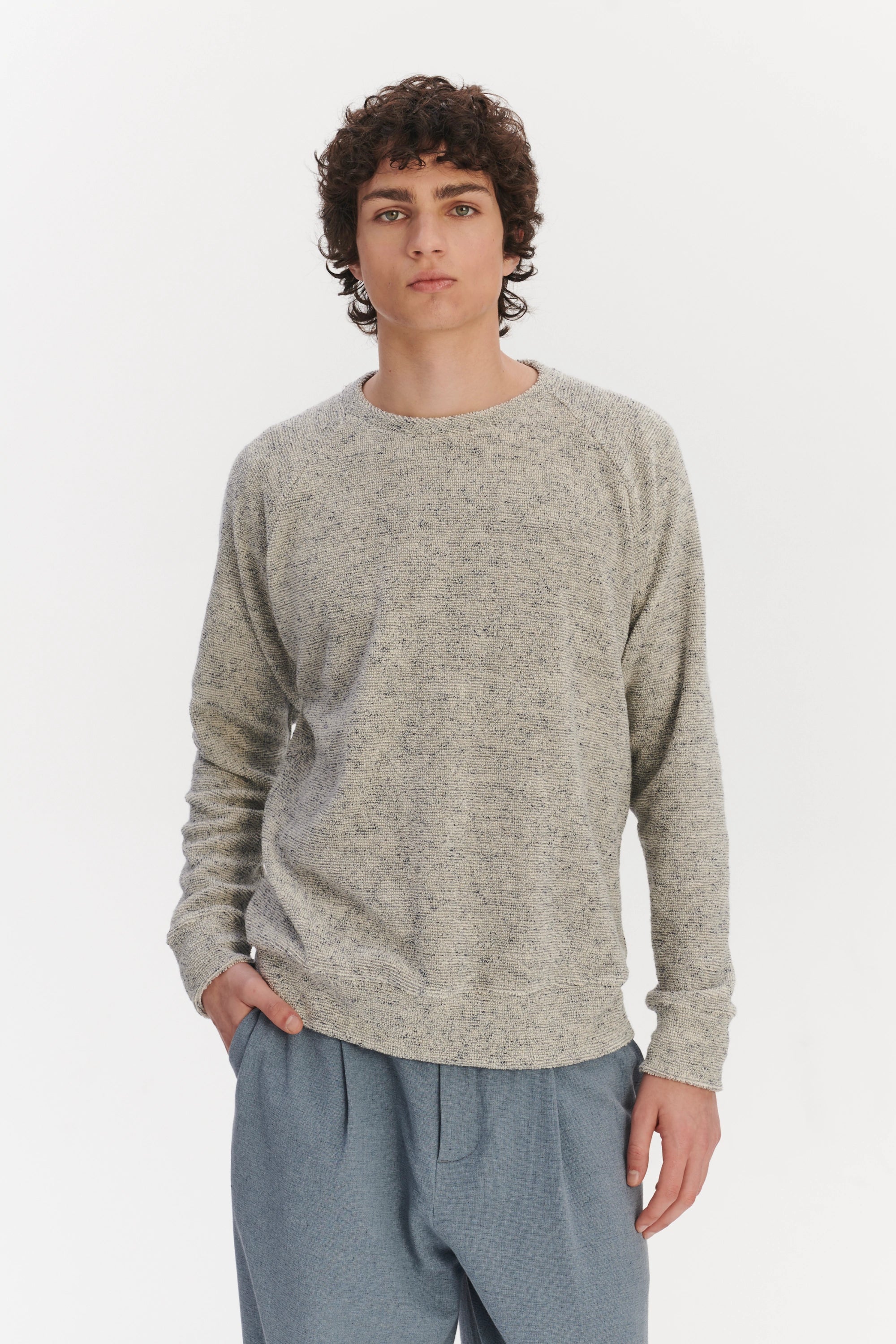 Long Sleeve Sweatshirt in a Grey White Japanese Cotton Subtly Looped Jersey