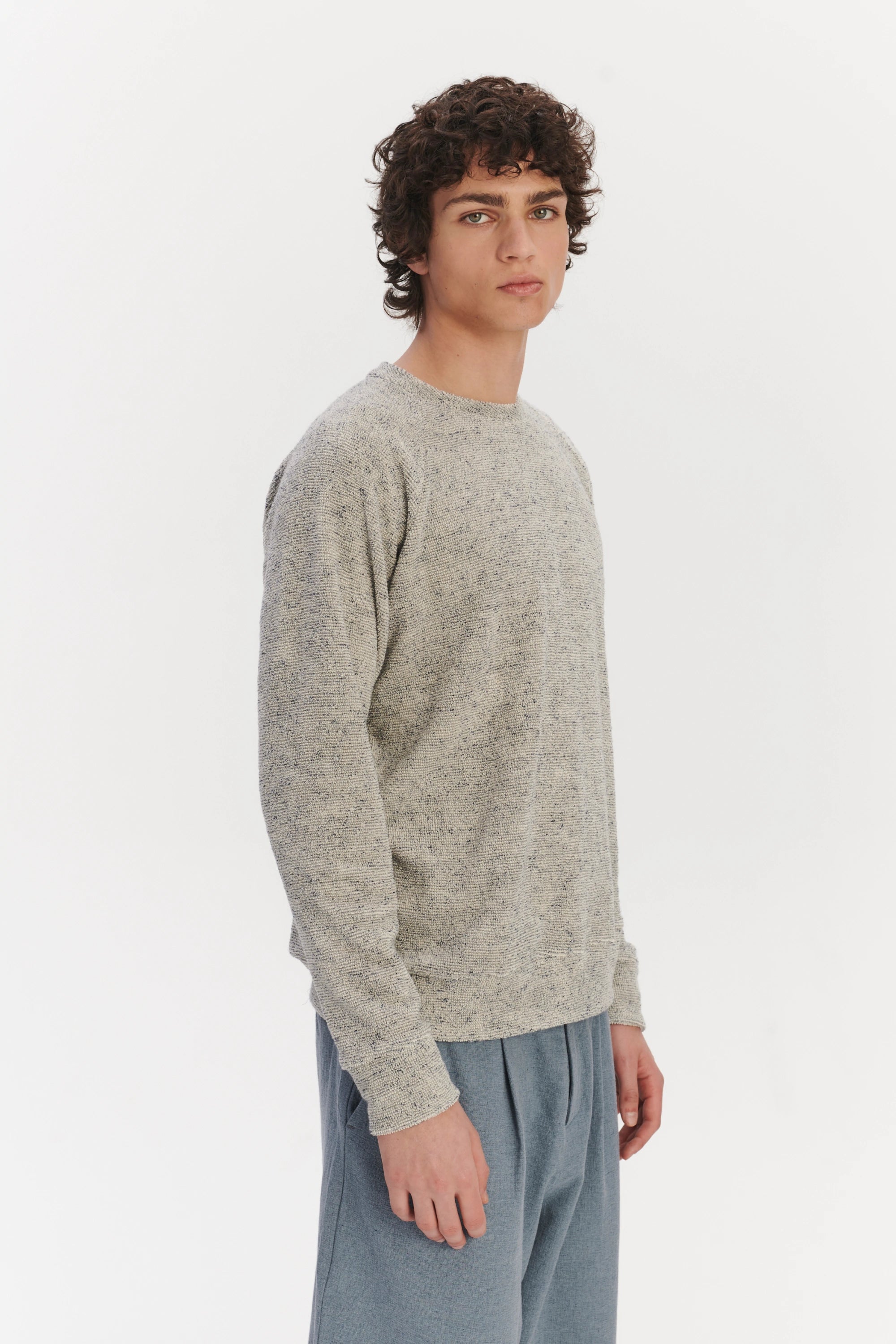 Long Sleeve Sweatshirt in a Grey White Japanese Cotton Subtly Looped Jersey