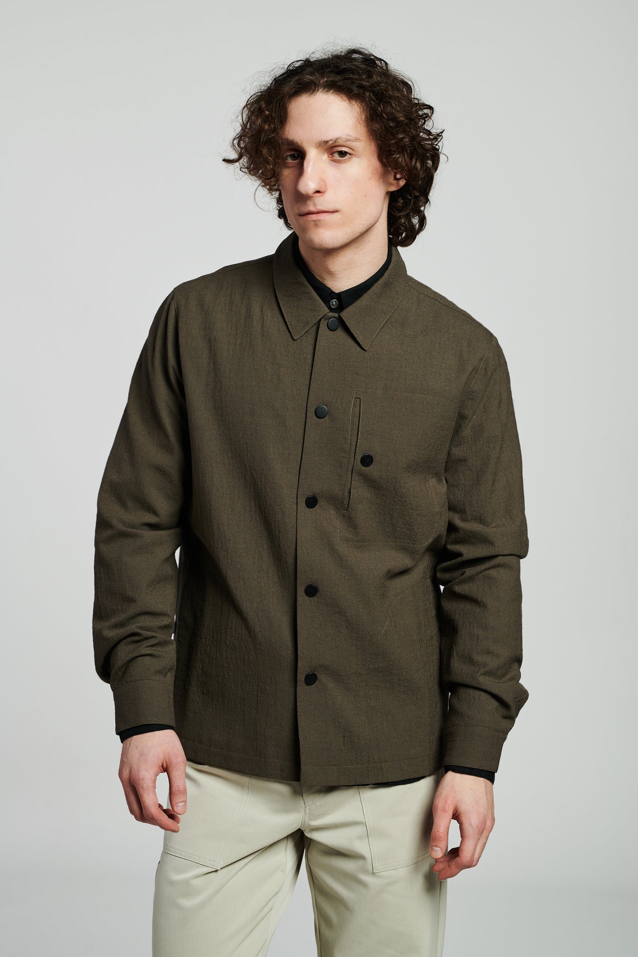 Snap Button Jacket in the Finest Olive Brown Italian Merino Wool