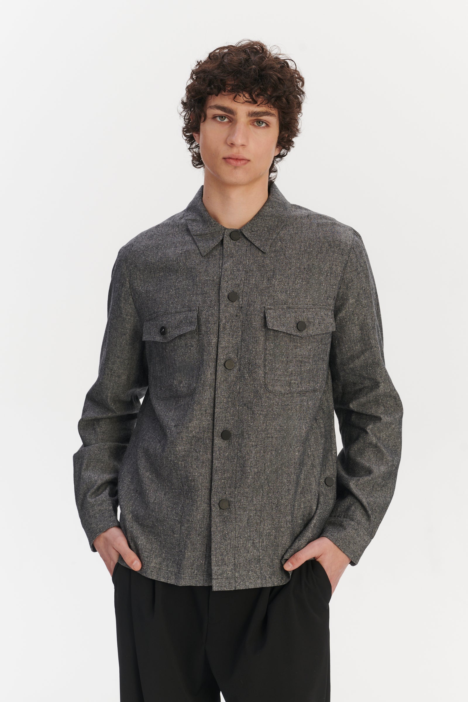 Snap Button Jacket in a Grey Blend of Italian Virgin Wool, Silk and Linen by Zignone